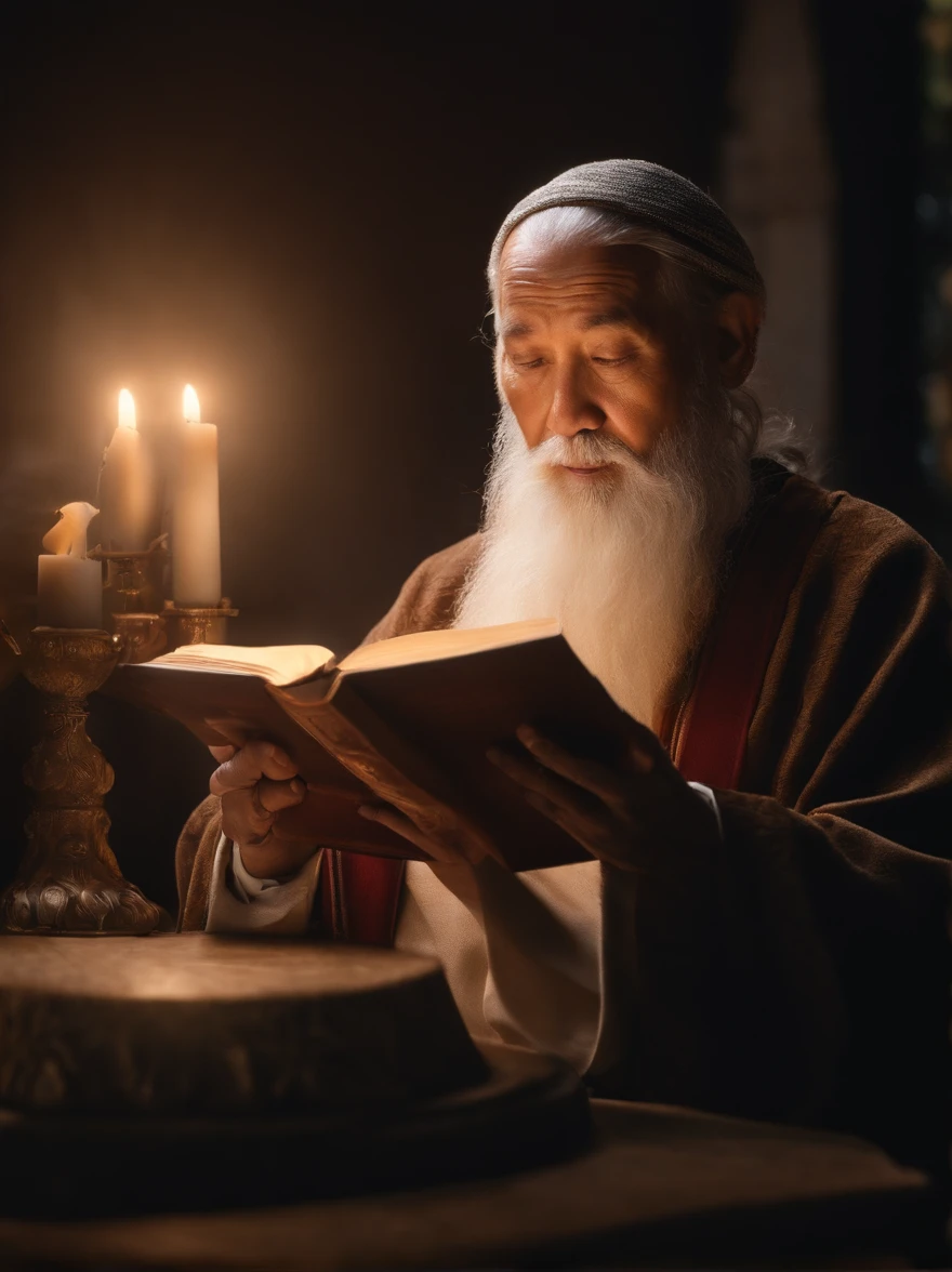 (Biblical times) On the left is an old man,Asian people,femele,Holding a glowing book in his hand, depth of fields, Bokeh, hentail realism, Fotorrealista, ultra-realistic realism, professional photoshooting, 8K UHD , Digital SLR, hdr , Primary tablet, best qualityer, Granular film, photorealistic paintings, Fujifilm XT3