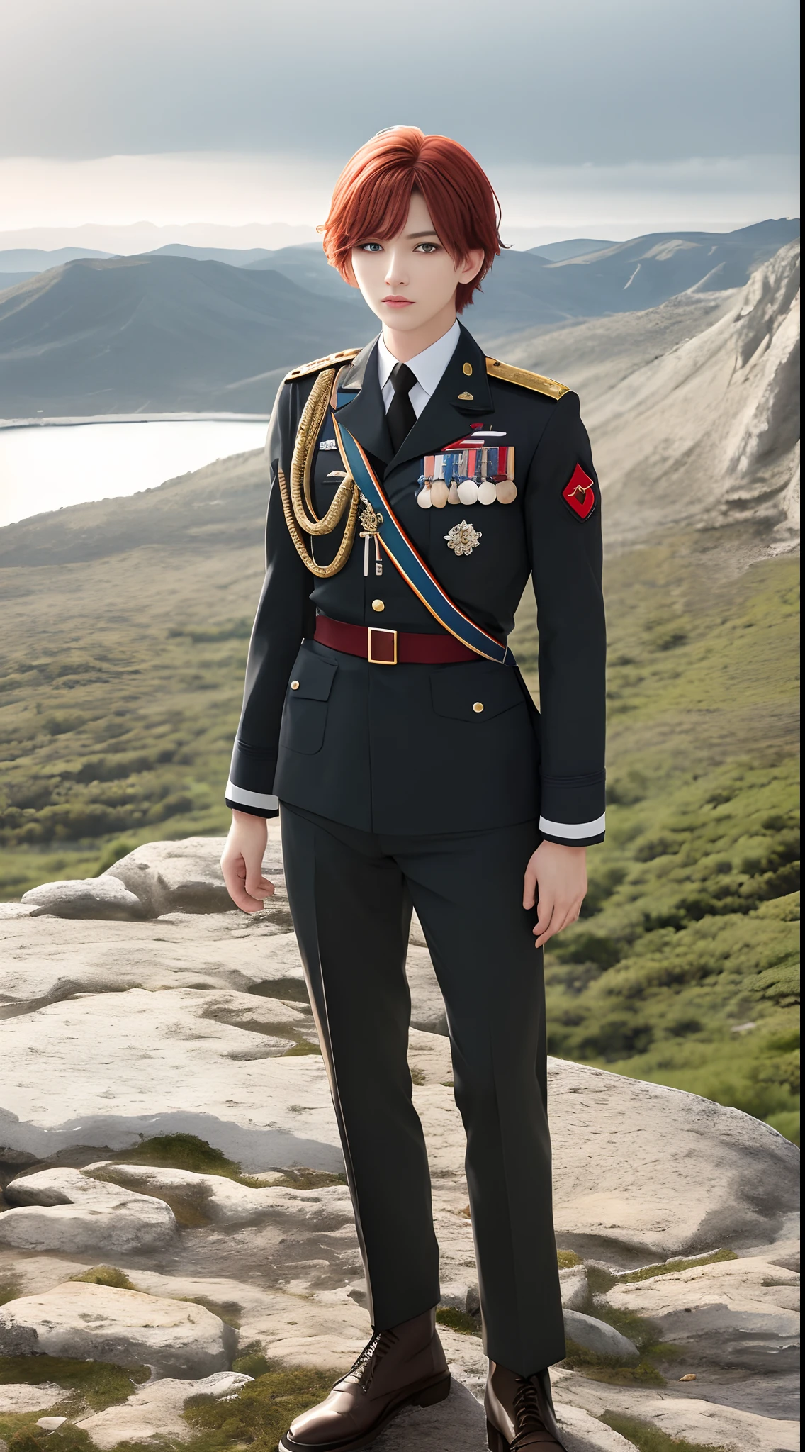 (Highest resolution, distinct_image) Excellent, Masterpiece, High detail, Semi-realistic, Dishonor 2, A very beautiful woman, Solo, Normal handsome posture, Short red hair, Golden eyes, Indifferent expression, 18 years old, Young, Tall and strong , White and red military uniforms, trousers, military pants, army boots, army suit, Military academy, self-assured, Serious, High cold and proud, Standing on a cliff, Overlooking