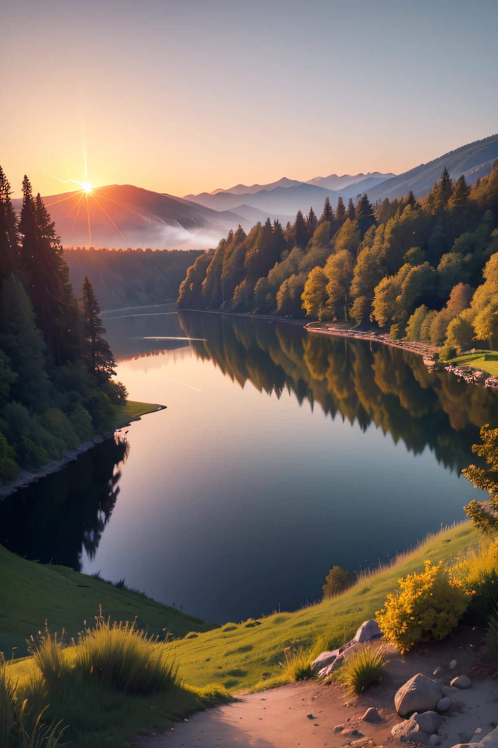 There is a transparent yellowish fish jumping up in the lake,In the distance is a small green business hill,There is a sunset,The world is full of smoke,The hue is cool,comic strip,Cartoony,lakeside,setting sun,8K