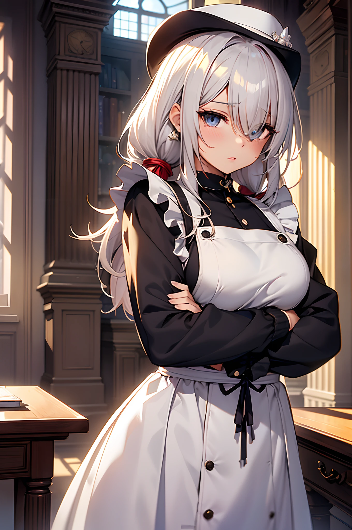 (high quality, best quality, 4k, 2k, (intricate:1.1), (high detail:1.3)), ((indoors, castle, candlelight)), (official wallpaper, volumetric lighting, dynamic lighting),
1girl, solo, inglis, large breasts, 
long hair, maid uniform, maid headress, harness, long sleeves, 
cowboy shot, standing, (crossed arms),  ((smiling)),
<lora:InglisEucus:0.7>