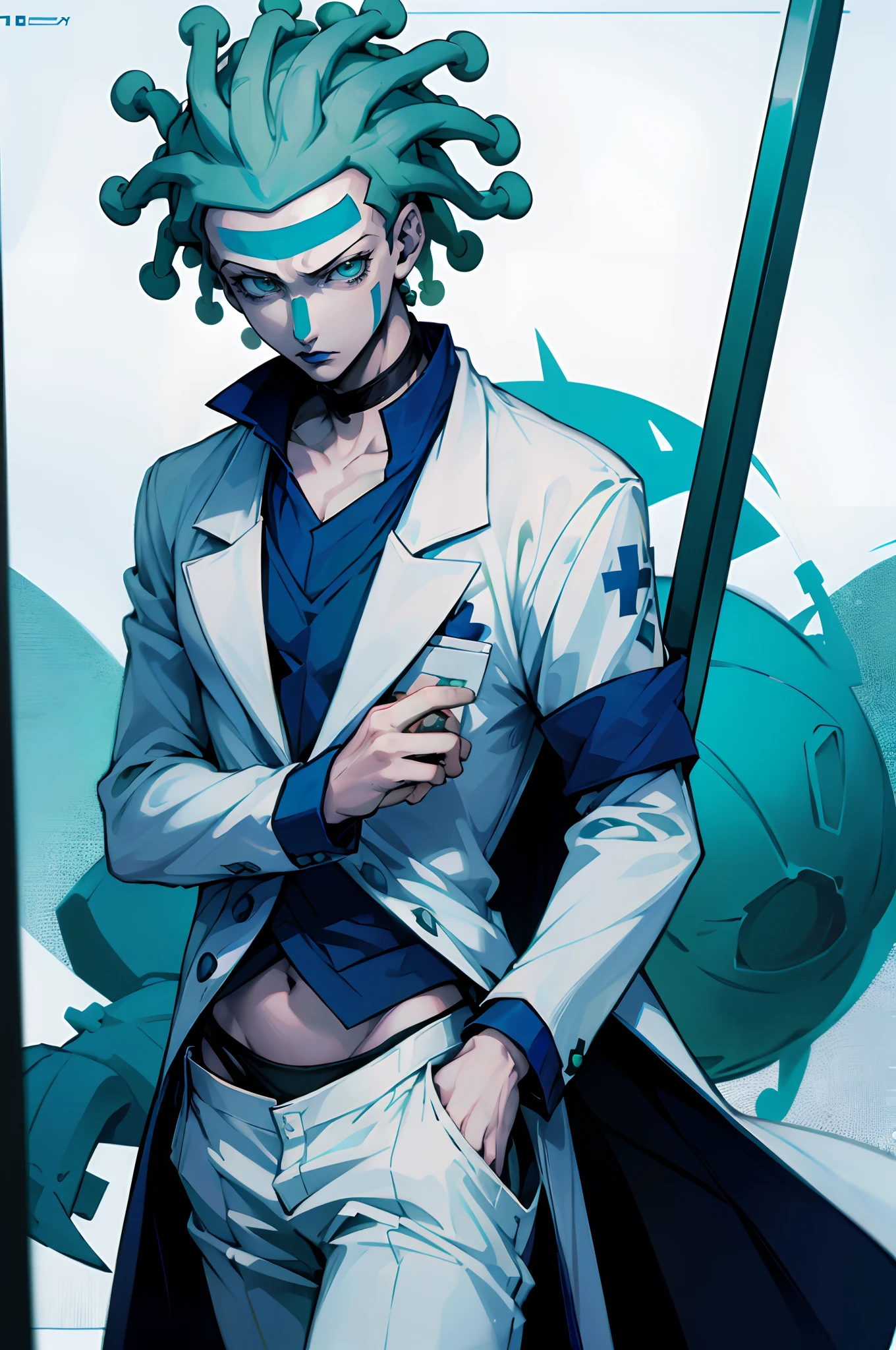 Cioccolata, doctor, white pants, white overcoat, blue shoes, blue lipstick, green eyes, green face makeup, green hair, 1boy, solo, male focus, blue cross on shirt, blue arm cuffs, one strap thong, choker, cowboy shot