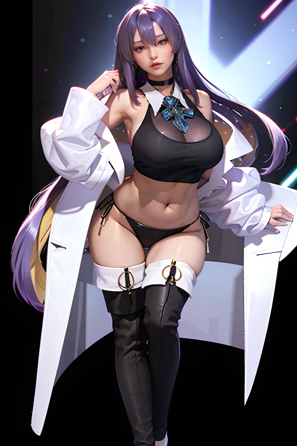 Big tits,(gigantic cleavage breasts:2.0),see-through transparent clothes,purple hair,fullbody view