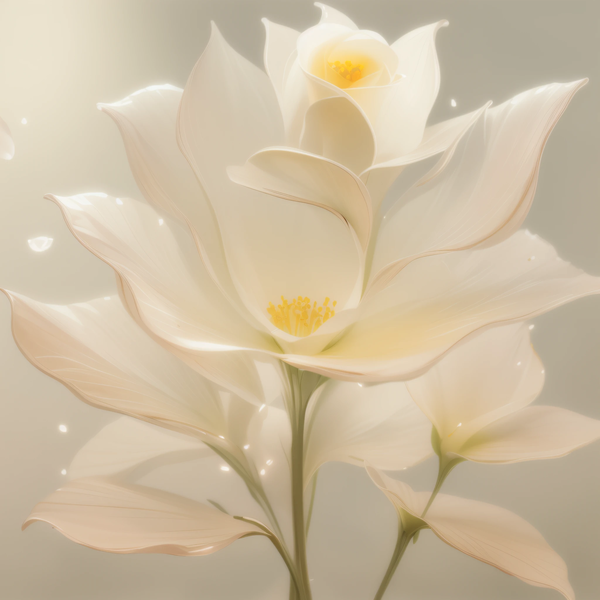there is a white flower with a yellow center on a stem, flor delicada brilhante, flores luminosas, translucent roses ornate, pintura digital elegante, soft light melanchônica pink, Arte bonita UHD 4K, flores brilhantes, bela arte digital, pintura digital bonita, bela arte digital, pintura digital brilhante, pintura digital suave, magic flowers, flor bonita, arte digital muito bonita
