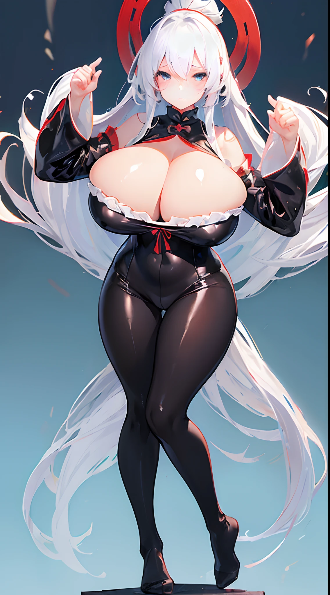 (gigantic cleavage breasts:1.4),latex body suit,black pantyhoses,No shoes,Full body like,shrine maiden clothe,Dance,white backgrounid,simplebackground