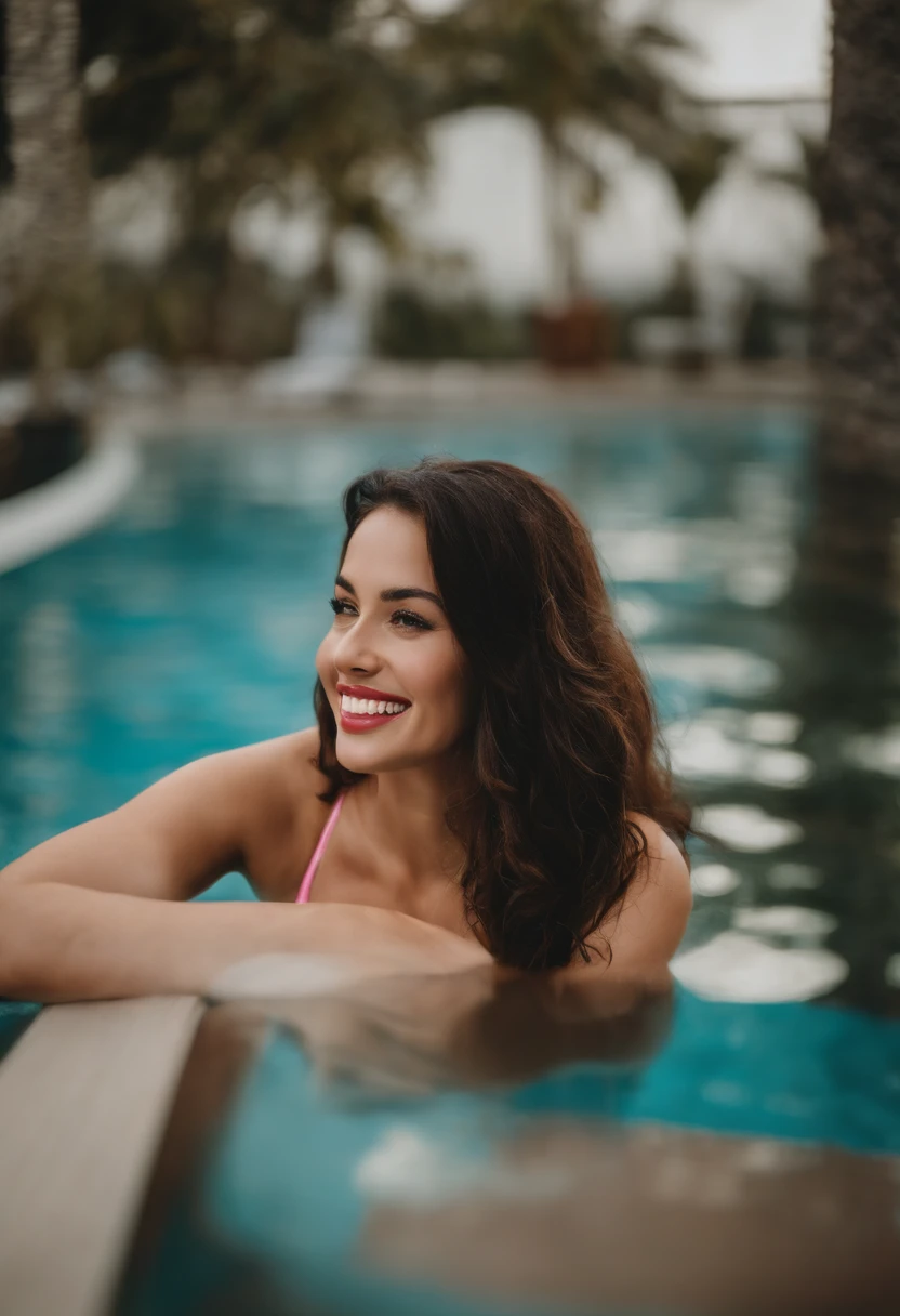 swimming pools、The bikini、Beautuful Women、unclear、A dark-haired、Real Women、huge tit、a smile