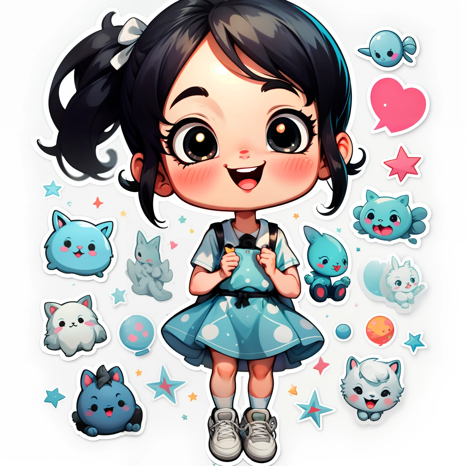 tchibi，1girll Black hair，Mouth open，Smile，bow，Solo，White background，vestido，Walls，black eyes，full bodyesbian，simplebackground，White shoes，shoes，athletic sneakers ，Blush，argyle，Long double ponytail，bow ribbon.