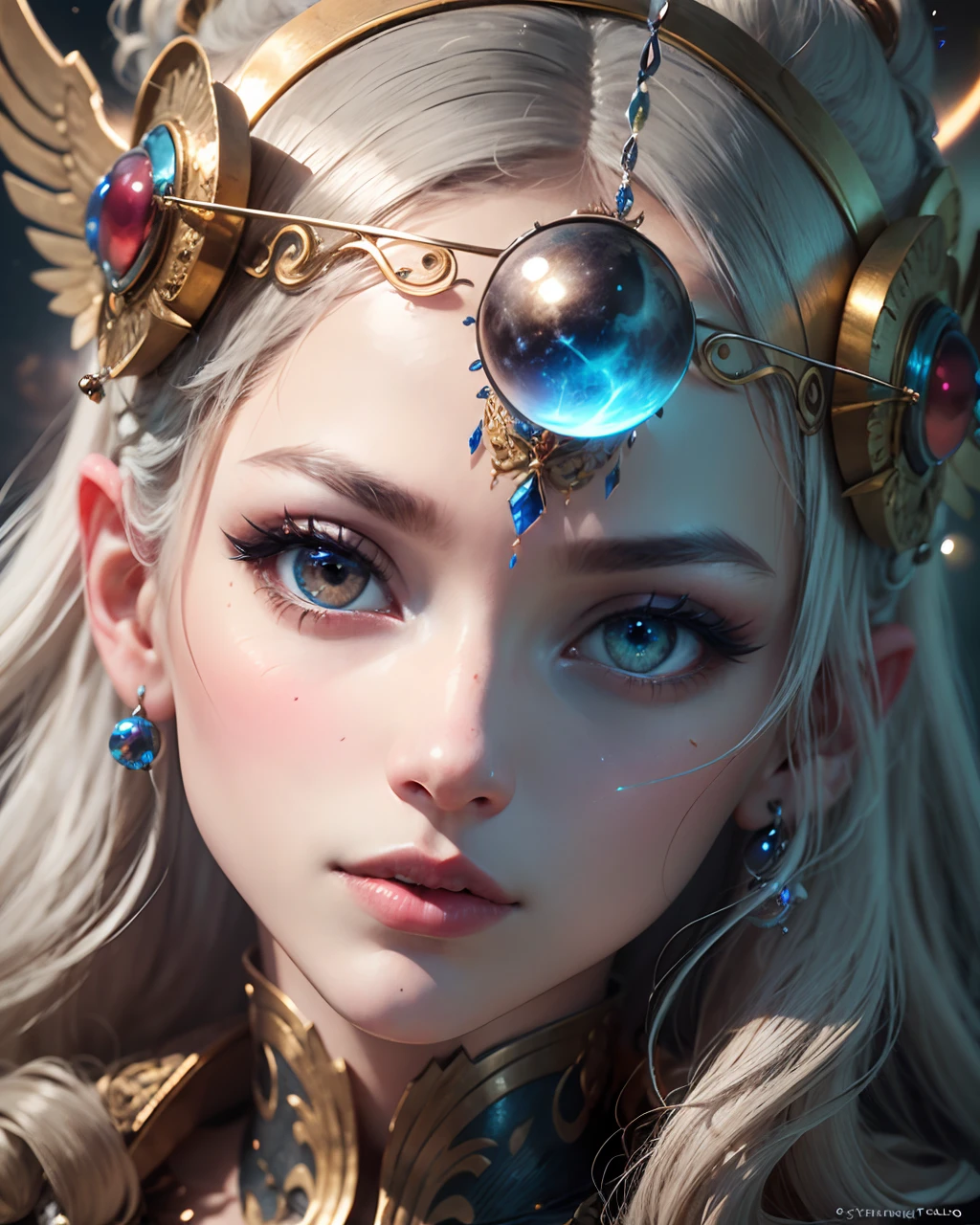 (best qualtiy,ultra - detailed,Most Best Illustration,Best shadow,tmasterpiece,A high resolution,professionalartwork,famousartwork),Detailed eyes,beautidful eyes,closeup cleavage,sci-fy,colored sclera,Robot eyes,face markings,Tattooed with,(fractalized,Fractal eyes),largeeyes,Wide eyes,(Eye focus),sface focus,Cosmic eyes,Space eyes,Close-up of metal sculpture of a woman with a moon in her hair,goddes。extremly high detail,3 d goddess portrait,Extremely detailed footage of the goddess,a stunning portrait of a goddess,Side image of the goddess,portrait of a beautiful goddess,Full body close-up portrait of the goddess,hecate goddess,portrait of a norse moon goddess,goddess of space and time --auto --s2