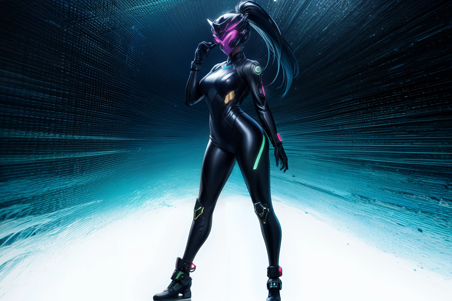 solo, super fine photo, full body picture Unreal Engine 5 8K UHD of a girl, wearing black tight shiny suit with cybernetic details, high-tech armor, long black glove, ponytail hair, half face cybernetic mask, cyberpunk character, futuristic city fantasy background, best quality, masterpiece, unified 8k wallpaper, super detailed, sharp focus, female pose