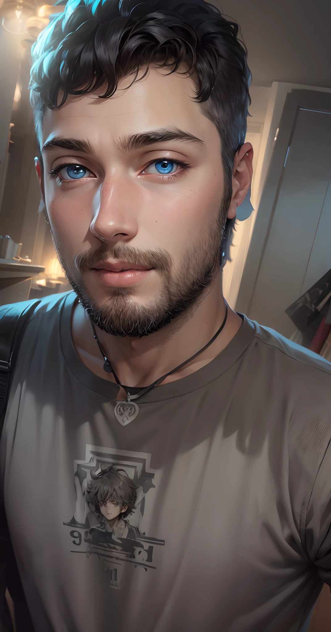 (masterpiece), (best quality), (ultra detailed),(disheveled hair),(illustration), (1boy), standing, smiling,handsome detailed eyes, light blue eyes, detail), light black hair, detailed hair, best lighting, best shadow, highly detailed, vibrant