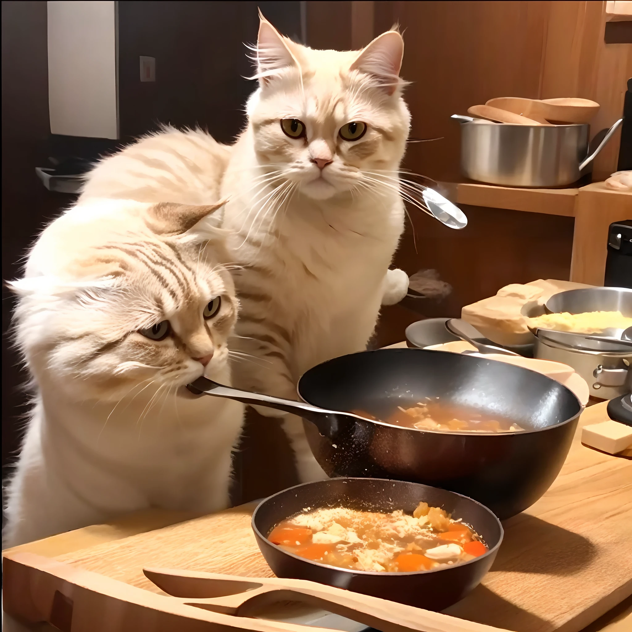 (best quality,4k,highres,masterpiece:1.2),ultra-detailed,adorable fluffy cat,holding a wooden spoon,cooking soup,full of concentration,interesting and cute,cooking