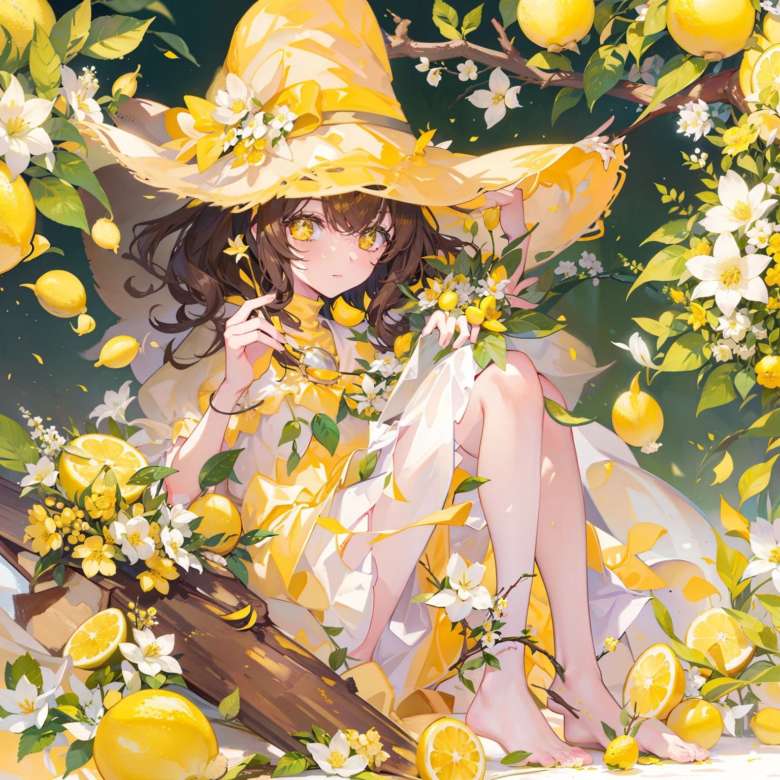 tmasterpiece,Best QualityLemon Witch:: short brown hair:: Lots of Lemon Flowers Detail:: Yellow lemon eyes:: The Yellow Hat of the Witch:: Lots of lemon on the hat:: a lot of white flowers on the hat:: Yellow-green dress :: The embodiment of lemon and white flowers::