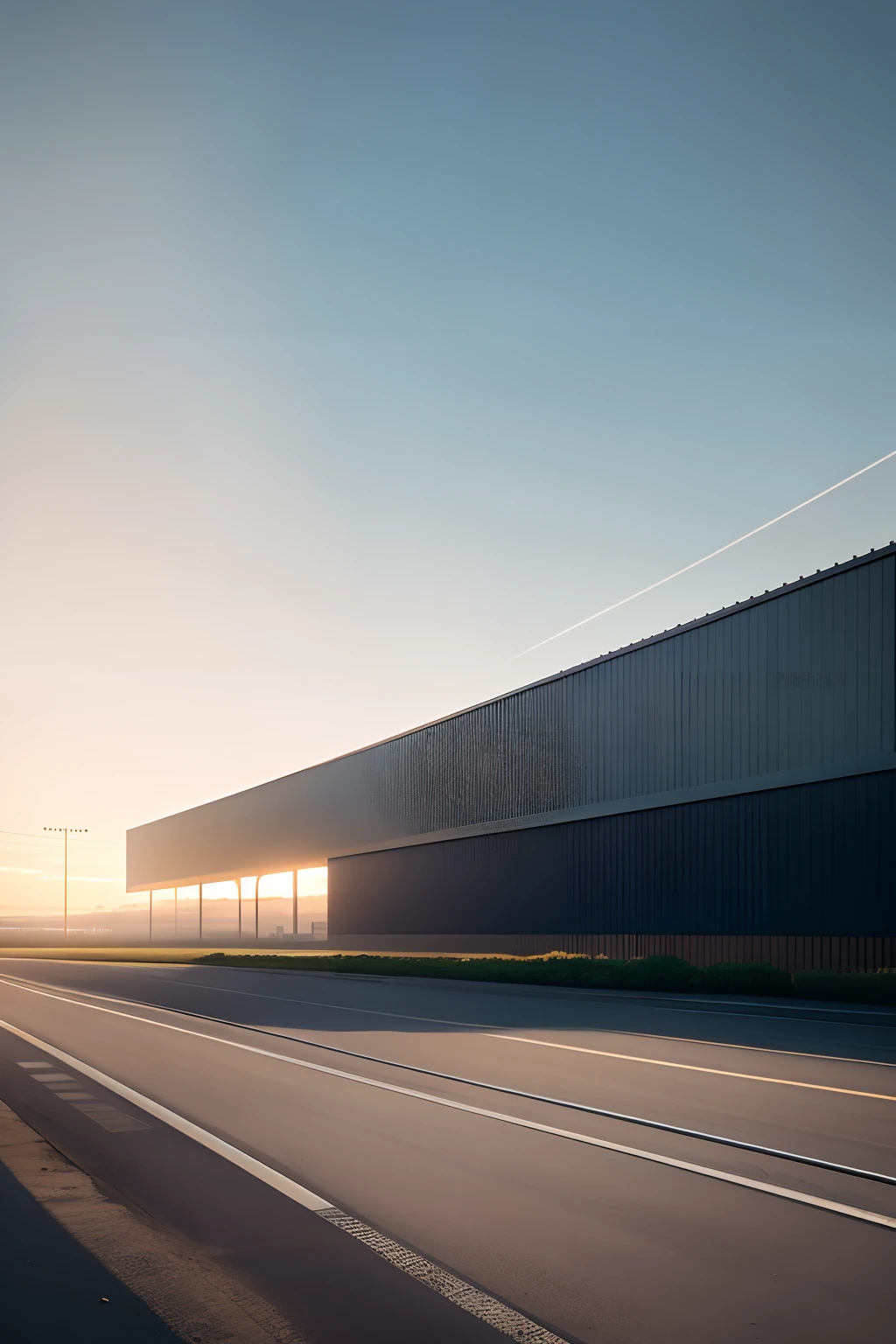 Background image of automotive product rendering，Empty field，In the distance is a futuristic technology building with a sense of line，The ground occupies three-quarters，Blue skies and white clouds occupy a quarter of the picture，AI technology sense realistic photos，Light style