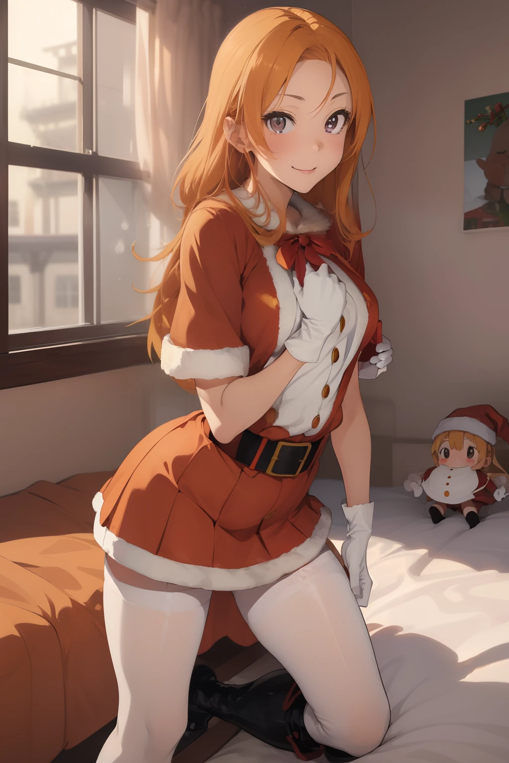 (​masterpiece、top-quality、top-quality、Beautifully Aesthetic:1.2)、ighly detailed、highestdetailed、grey  eyes、orange color hair|Semi-long blonde hair、((Santa Claus Costume))、(pantyhose)、Matsumoto Rangiku、graffiti art、Look at the viewer、A smile、Bedroom、on the beds、(long boots)、((a miniskirt))、((red clothing))、(White Long Gloves)、((Red underwear))、(((Show underwear)))