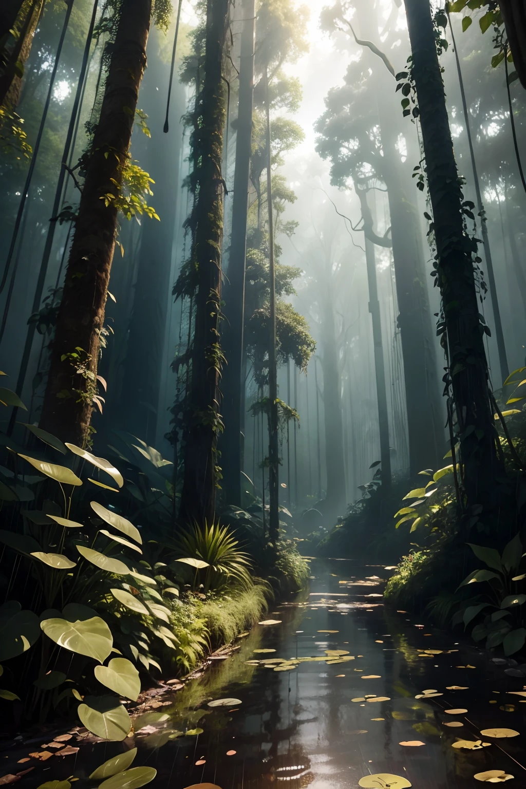 jungles,with intense rainfall,Mono Color,Dendrobium grows,vines all around,giant and wet trees,tmasterpiece,Best quality at best,high qulity,The is very detailed, CG unified 8k wallpaper,oil painted,award winning photography,bokeh,depth of fields,HDR,blooms,color difference、真实感、The is very detailed、Trends on Artstation、Trends on CGSociety、iintricate、high detal、dramatics、Midjourney art、Volumetriclighting