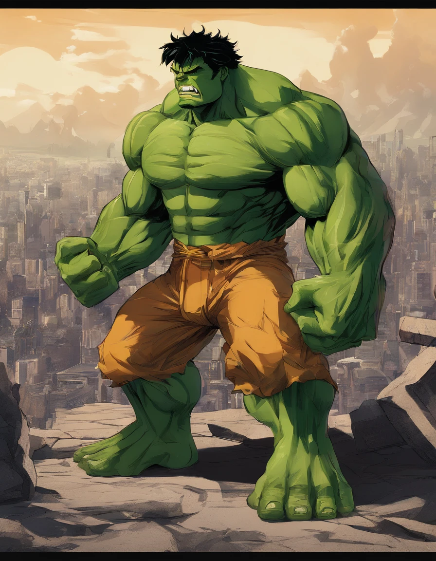 Full body view of the Hulk and Super Saiyan combo,tmasterpiece,high detal,best qualtiy,A high resolution,16k,in a panoramic view,hyper HD:: --v 5