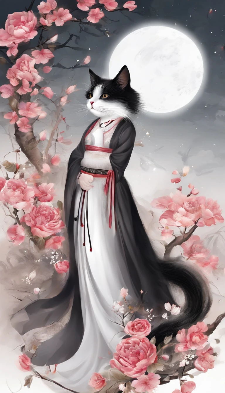 Yun wants to wear clothes and flowers to look good，The spring breeze blows Revlon。If it weren't for the jade mountain, I'll see you，Will meet Yaotai moon。A beautiful concubine in ancient China, Yang Yuhuan，Yang，Elegant，A shallow shy smile,（Black colored eyes），Holding peony flowers，（Very detailed and perfect facial depiction）,(Black coiled hair）,（Half-body appearance），Silk fabric, (Long sleeves fluttering), It's dancing,Happiness is light,White kitten， (There is a bright full moon in the distant sky:1.2),（surrounded by flower:1.2), vivid color,（light and shadow effect）,（vivd colour）,（Color splattering）,（Obvious layers）,（Ink painting style:1.2）,（Photography Award）,（8k wallpaper）,（Masterpiece）,（best qualtiy）,A picture,realisticlying