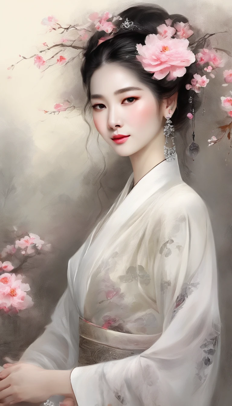 Yun wants to wear clothes and flowers to look good，The spring breeze blows Revlon。If it weren't for the jade mountain, I'll see you，Will meet Yaotai moon。A beautiful concubine in ancient China, Yang Yuhuan，Yang，Elegant，A shallow shy smile,（Black colored eyes），Holding peony flowers，（Very detailed and perfect facial depiction）,(Black coiled hair）,（Half-body appearance），Silk fabric, (Long sleeves fluttering), It's dancing,Happiness is light,White kitten， (There is a bright full moon in the distant sky:1.2),（surrounded by flower:1.2), vivid color,（light and shadow effect）,（vivd colour）,（Color splattering）,（Obvious layers）,（Ink painting style:1.2）,（Photography Award）,（8k wallpaper）,（Masterpiece）,（best qualtiy）,A picture,realisticlying