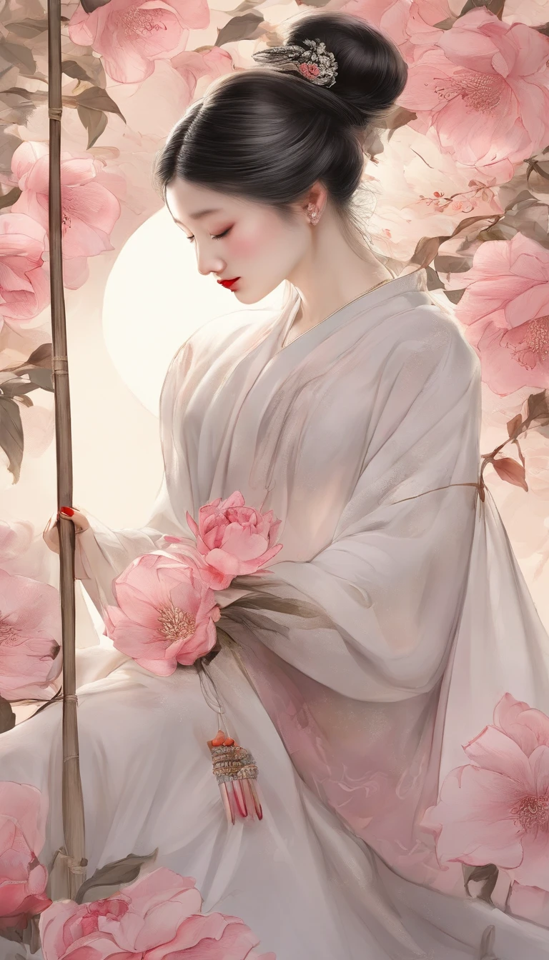Yun wants to wear clothes and flowers to look good,The spring breeze blows Revlon。If it weren't for the jade mountain, I'll see you,Will meet Yaotai moon。A beautiful concubine in ancient China, Yang Yuhuan,Yang,Elegant,A shallow shy smile,(Black colored eyes),Holding peony flowers,(Very detailed and perfect facial depiction),(Black coiled hair),(Half-body appearance),Silk fabric, (Long sleeves fluttering), It's dancing,Happiness is light,White kitten, (There is a bright full moon in the distant sky:1.2),(surrounded by flower:1.2), vivid color,(light and shadow effect),(vivd colour),(Color splattering),(Obvious layers),(Ink painting style:1.2),(Photography Award),(8k wallpaper),(Masterpiece),(best qualtiy),A picture,realisticlying