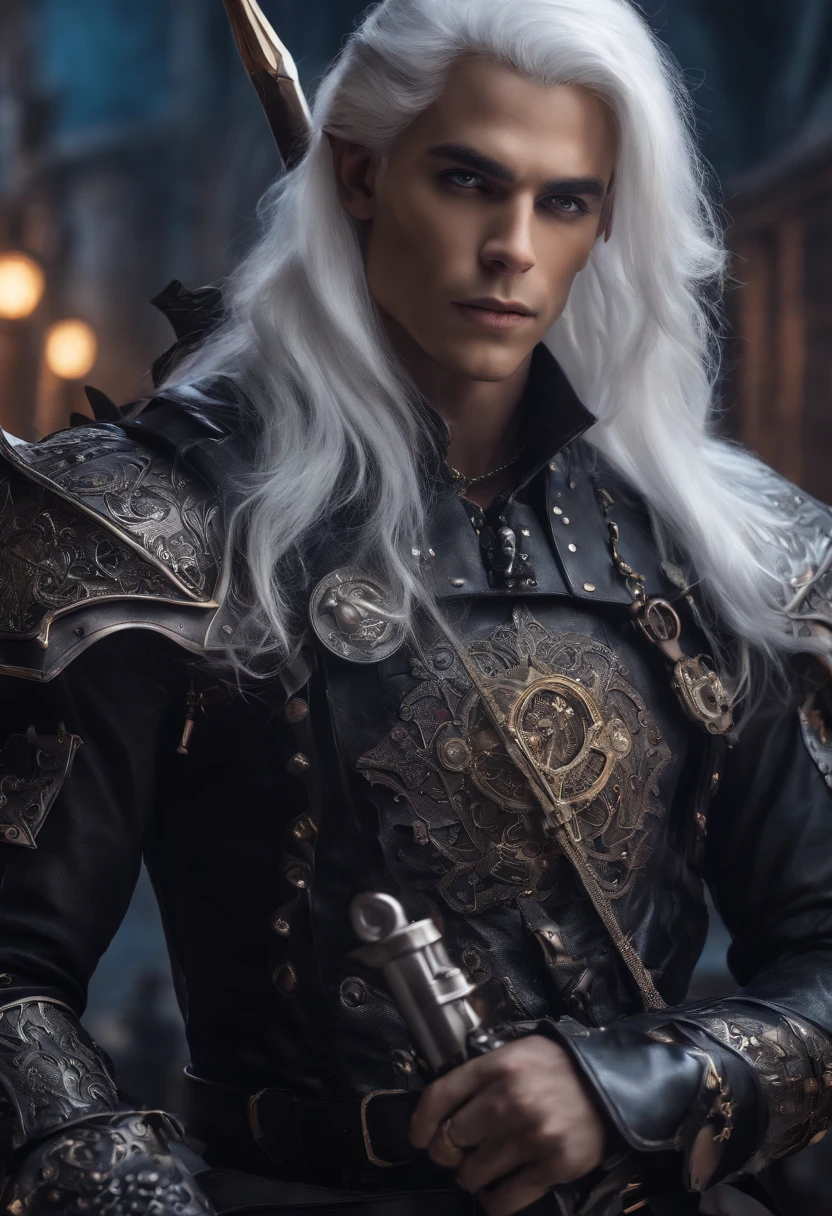 1male elf, dark grey skin, long white hair, purple eyes, wearing fancy leather armor, wearing black pants, holding steampunk revolver, Fantasy city, absurdres, high res, ultrasharp, 8K, masterpiece, looking at viewer