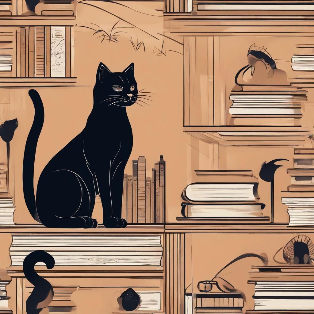 Three cats, black cats, sitting on a books, surrounded by films and cameras, in a vintage library, with dim lighting and soft shadows, capturing beautiful moments, in a mysterious and enchanting atmosphere, with a cinematic touch, and a warm color palette, showcasing their elegance and charm, creating an artistic masterpiece:1.2, ultra-detailed, realistic:1.37, highres, with vivid colors, emphasizing their piercing eyes and silky fur, in an expression of feline grace and curiosity.