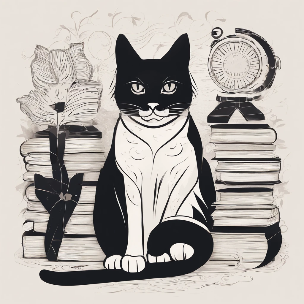 Three cats, black cats, sitting on a books, surrounded by films and cameras, in a vintage library, with dim lighting and soft shadows, capturing beautiful moments, in a mysterious and enchanting atmosphere, with a cinematic touch, and a warm color palette, showcasing their elegance and charm, creating an artistic masterpiece:1.2, ultra-detailed, realistic:1.37, highres, with vivid colors, emphasizing their piercing eyes and silky fur, in an expression of feline grace and curiosity.
