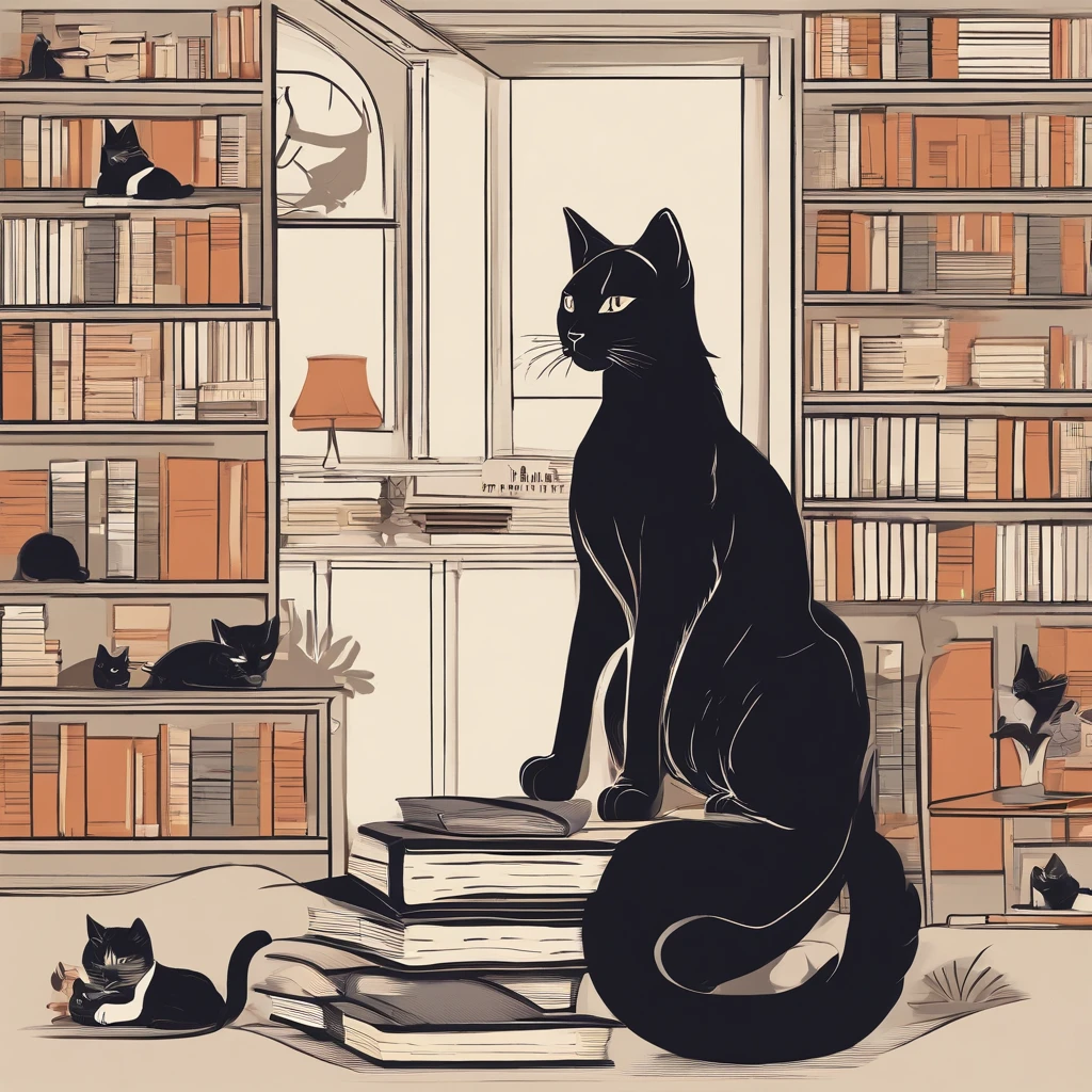 Three cats, black cats, sitting on a books, surrounded by films and cameras, in a vintage library, with dim lighting and soft shadows, capturing beautiful moments, in a mysterious and enchanting atmosphere, with a cinematic touch, and a warm color palette, showcasing their elegance and charm, creating an artistic masterpiece:1.2, ultra-detailed, realistic:1.37, highres, with vivid colors, emphasizing their piercing eyes and silky fur, in an expression of feline grace and curiosity.