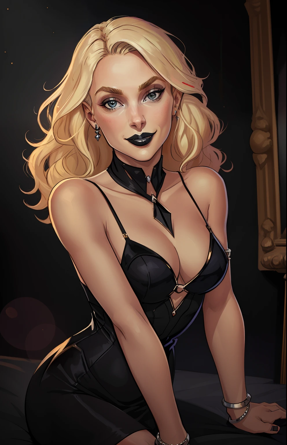 A portrait of allylora, blonde hair, elegant black dress, black lipstick, bracelets, sharp focus, flat-chested, light smile, sexy pose, masterpiece, best quality, perfect lighting, allylora
