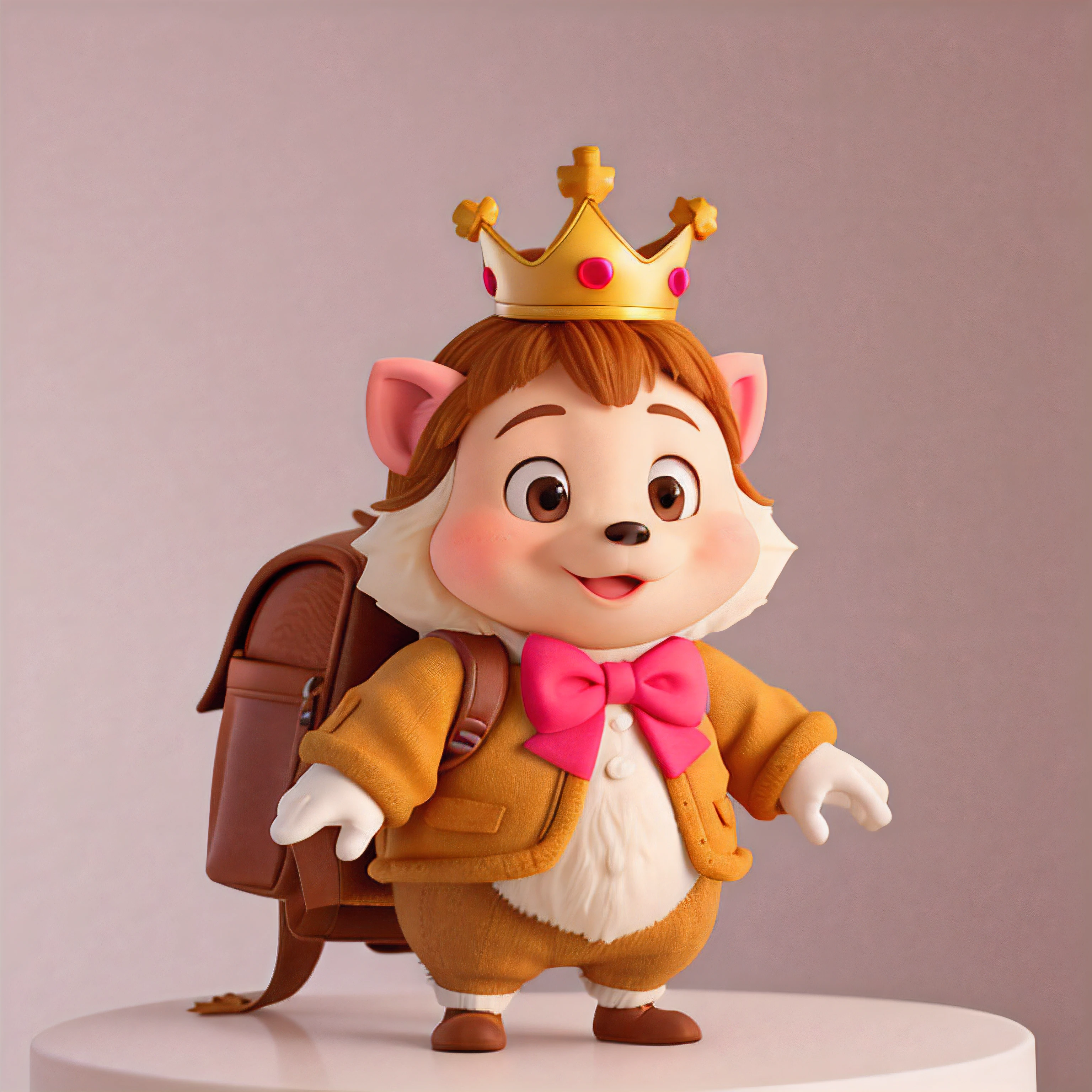 Pixar and Disney animation hedgehog, modern disney style, a small and chubby hedgehog, golden crown, Its fur is a delightful mix of warm and inviting colors, detailed fur, soft shade of brown, with a lighter beige belly, a hint of pastel pink for each cheek, irresistibly cute appearance, large round eyes, wearing a tiny, fashionable yellow bowtie, wears a small, carries intricately designed backpack