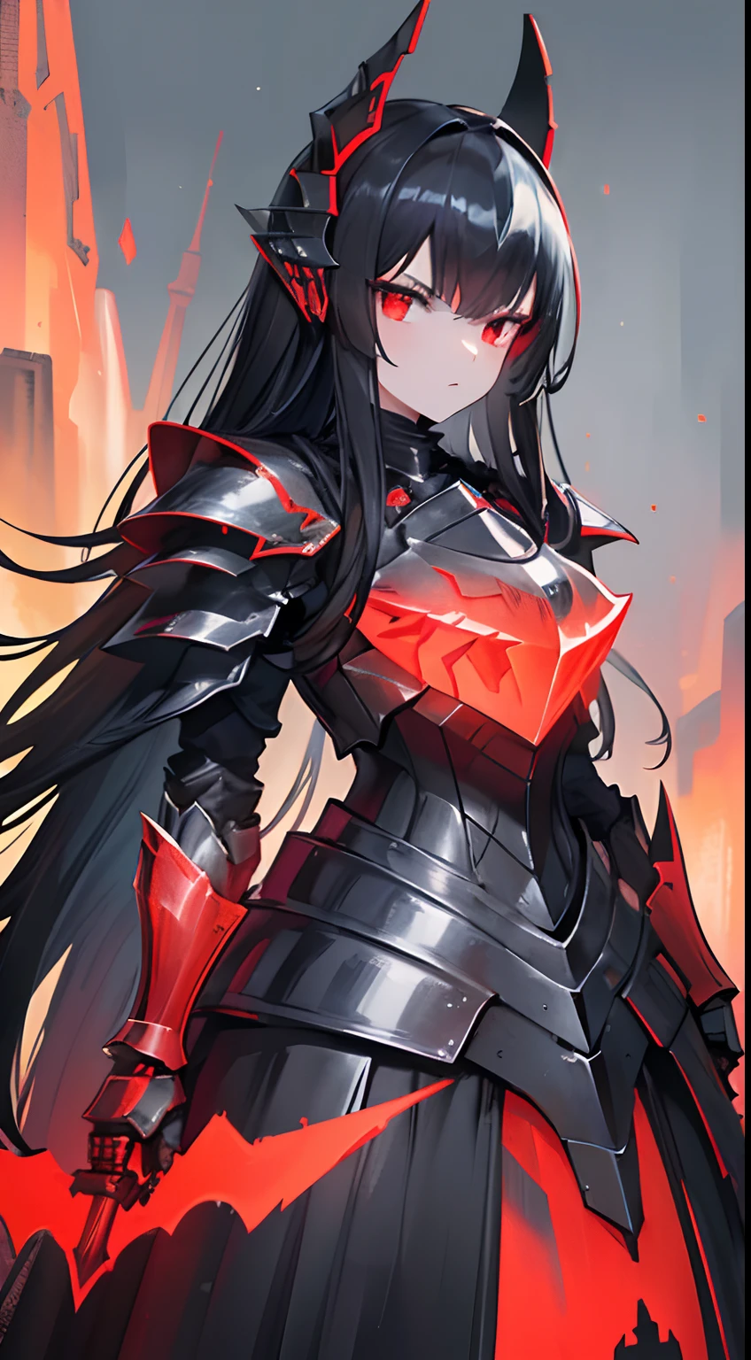 Extremely detailed, masterpiece, high resolution, photo realistic, top quality, 1 girl, (((Black knight armor, sharp armor, old armor, red visor, glowing red, giant glowing red sword, jagged armor, glowing red armor, helmet off, slender figure, long black hair, strong, sharp face, sharp eyes, deadly look, glare, powerful, beautiful))), ((volcano, looking down at viewer, )), (serious)