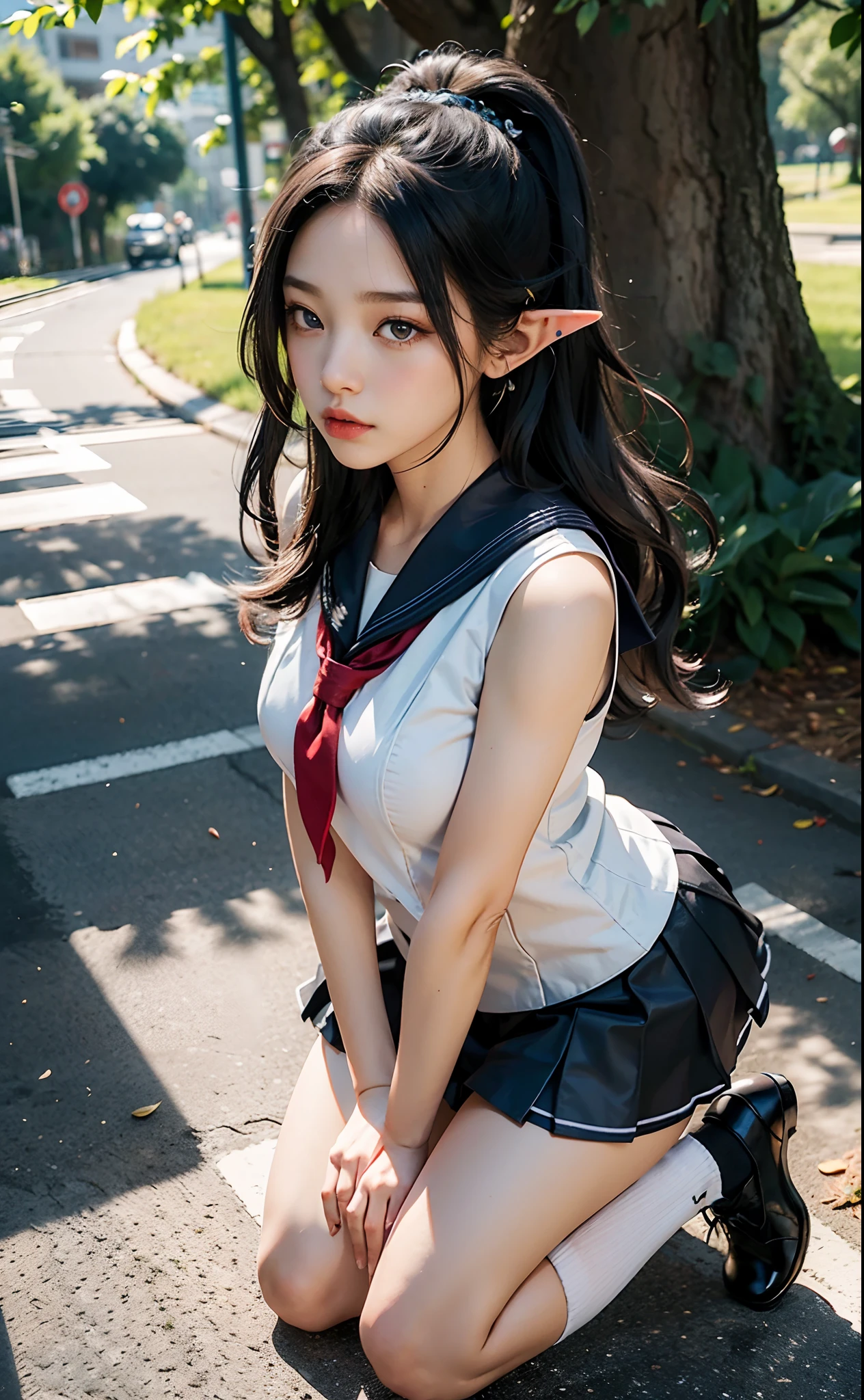 (Japanese-style school，the cherry trees：1 Elf beauty，Kneeling pose，Kneeling pose，Point at you with your ass，a sailor suit），two longer legs，(Normal posture)tmasterpiece， best qualtiy， RAW photogr，Meticulous facial portrayal，realisticlying， Incredibly Ridiculous res，(Elf long ears)， ear studs，Oral sex， (Long flowing silver-black hair)，eye shadows，(a sailor suit)，short  skirt，(Black sport socks：1.9)（Black half-knee socks+)，(Low-heeled leather shoes)，two longer legs，depth of fields， A high resolution， ultra - detailed， filigree， RAWE is very detailed， very detailed eyes and faces， Sharp pupils， realistic pupil， tack sharp focus， cinmatic lighting，full bodyesbian，Bigboobs，long leges，From the front side，dynamicposes，Normal posture，closeup of face