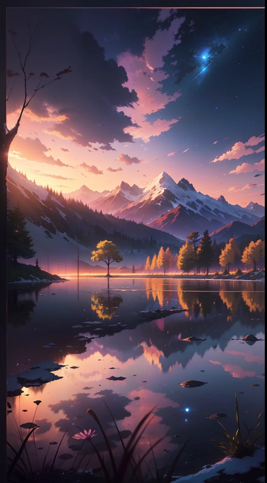 The picture is beautiful，well-illuminated。without humans。(((Estilo de Makoto Shinkai)),Pisif,Anime Paintings,High picture quality, Pink violet sky, beautiful scence), (kosmos, magic realism, ((Makoto shinkai style))), artistic atmosphere, starrysky, (snow mountains), Sparkling water surface, grassy fields, the trees, smog, stars, Nature views，low perspective, Specular scattering,