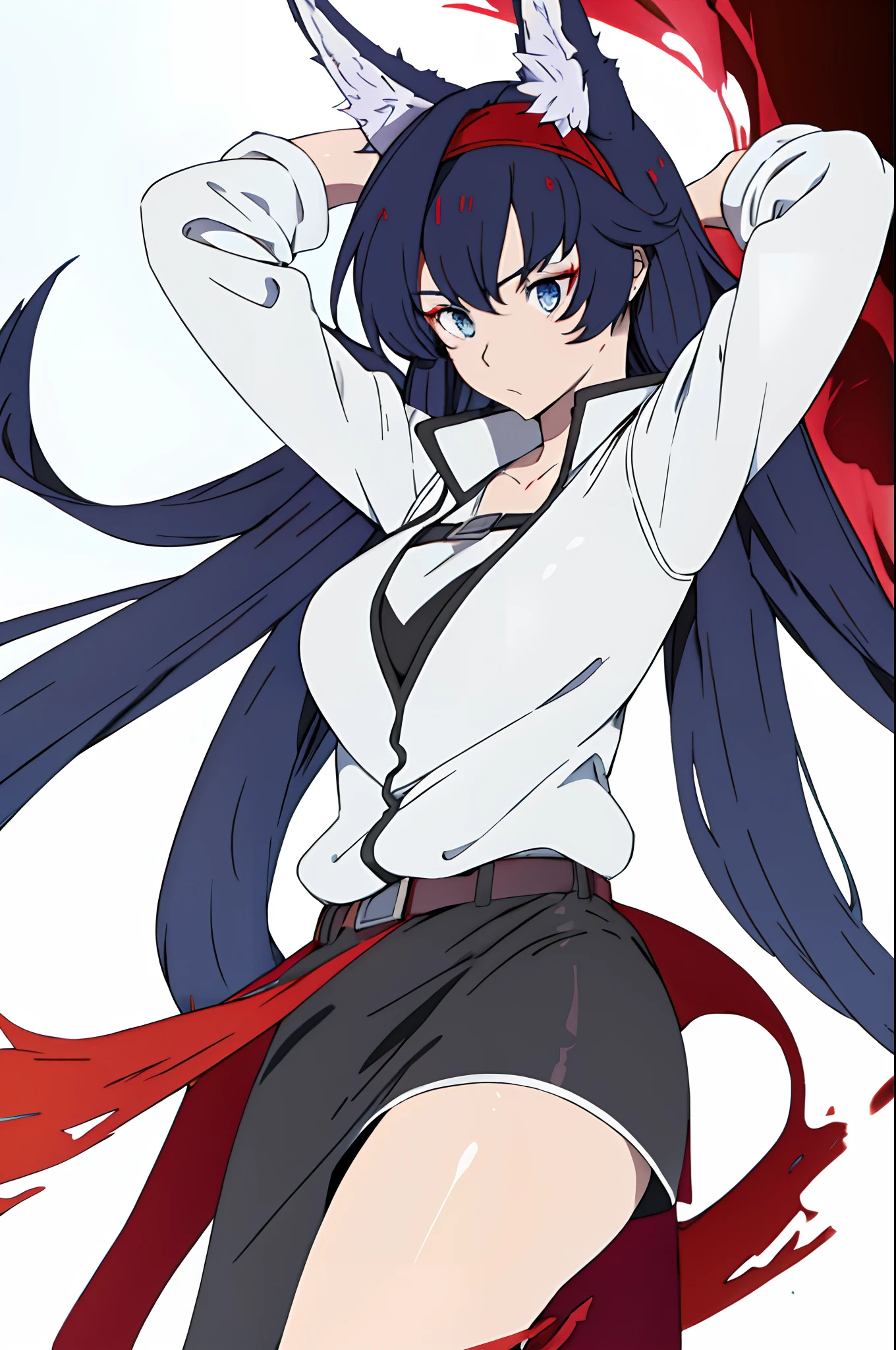 the fire, 1girll, Long hair, Animal ears, Blue eyes, Black hair, red hairband,  White jacket, White shirt, Large of breast, Skirt, Arms up, arms behind  head, Simple background,