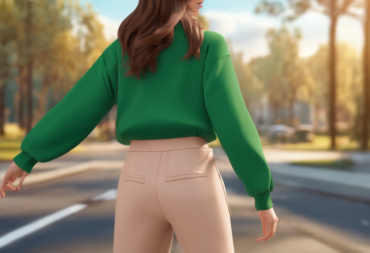flat forest green sweatshirt mockup, christmas style, detail fabric texture, relastic, full body | model young girl, brown hair, happy face |