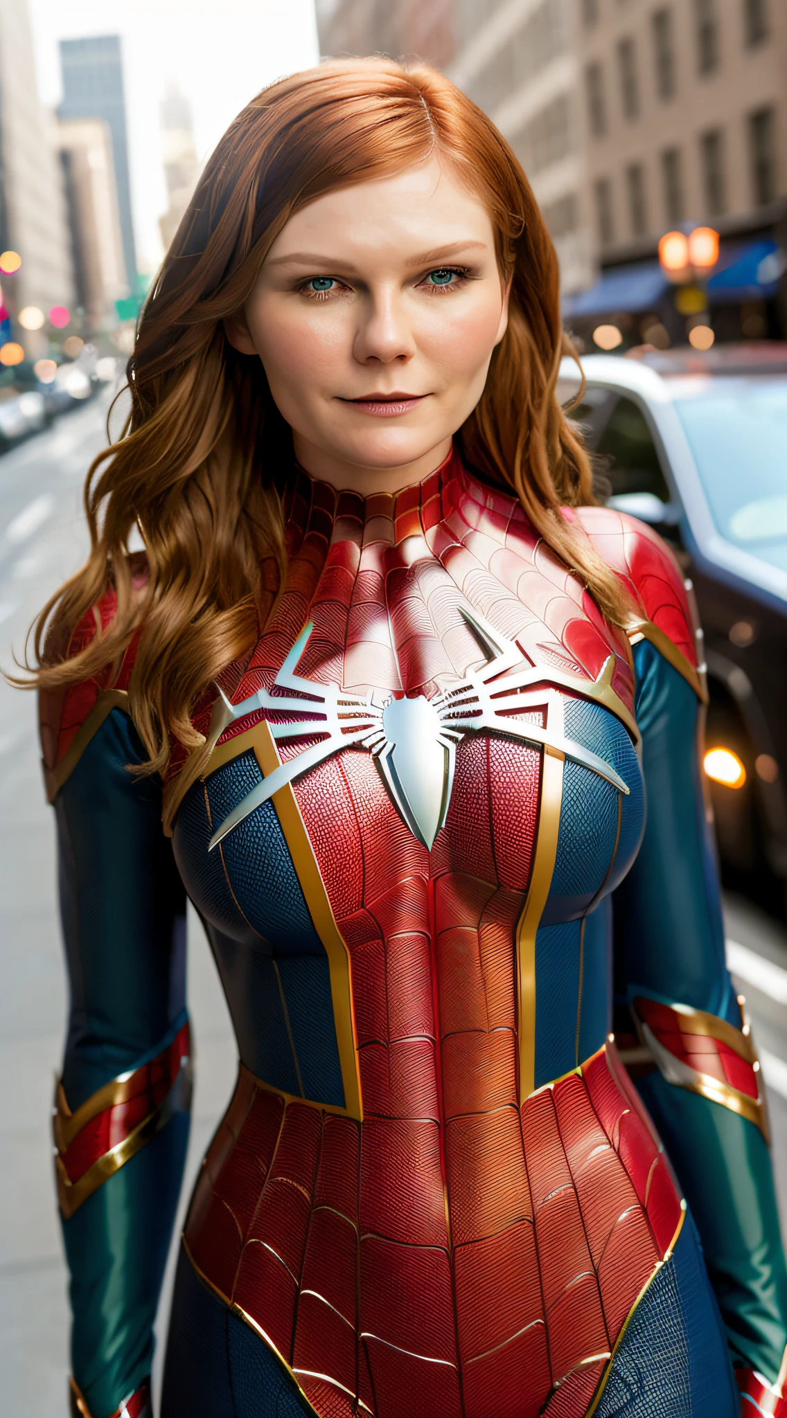 masterpiece, best quality,   KDKirsten Dunst with spider-man costume without mask, 1girl, red hair, green eyes, standing, new york background,