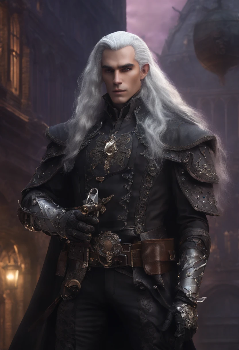 1male dark grey elf , long white hair, purple eyes, wearing fancy leather armor, wearing black pants, holding steampunk revolver, Fantasy city, absurdres, high res, ultrasharp, 8K, masterpiece, looking at viewer
