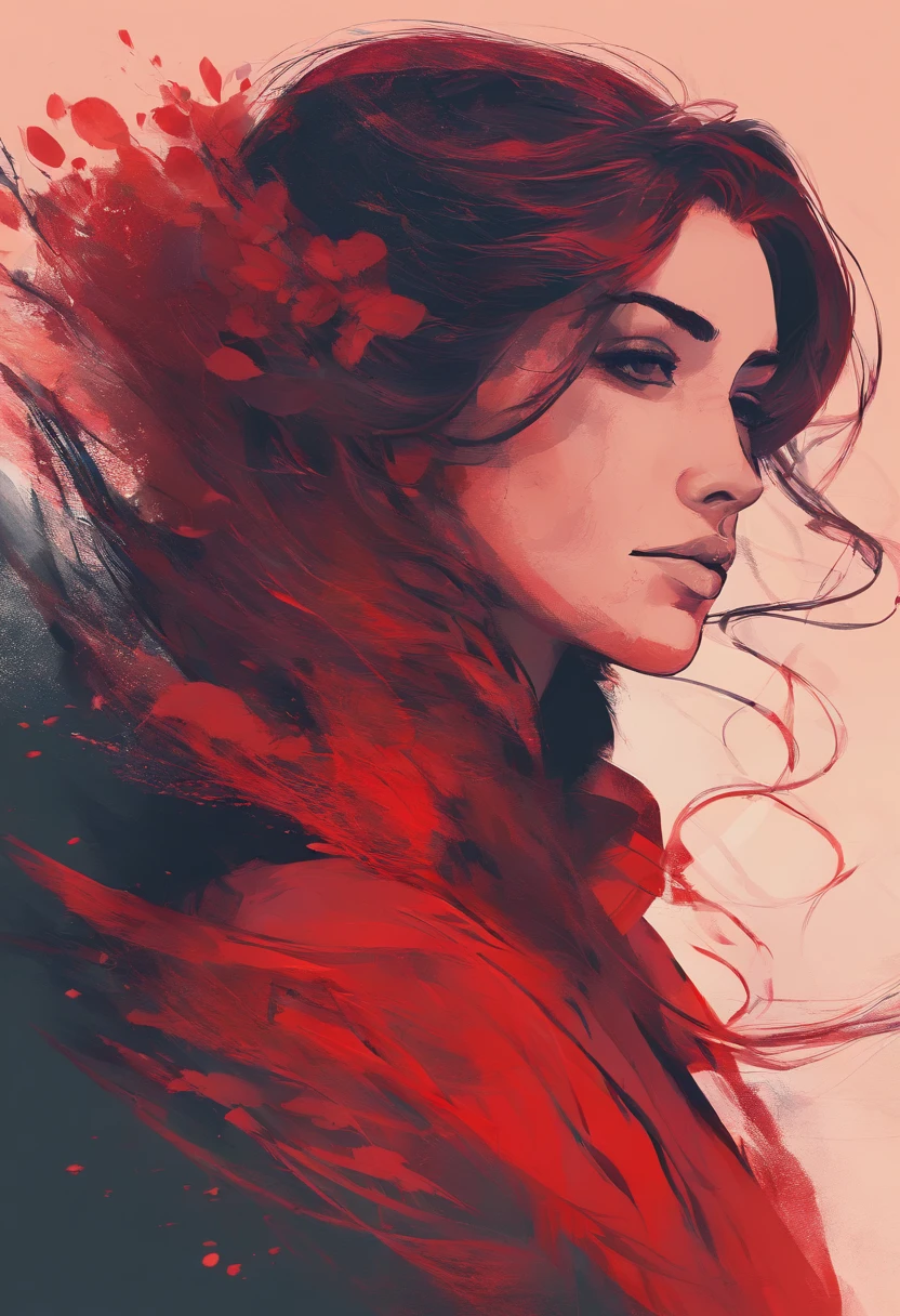 Mujer hermosa de pelo rojo, enojada en primer plano, desde cerca, mirando a un lado de perfil, colores primarios