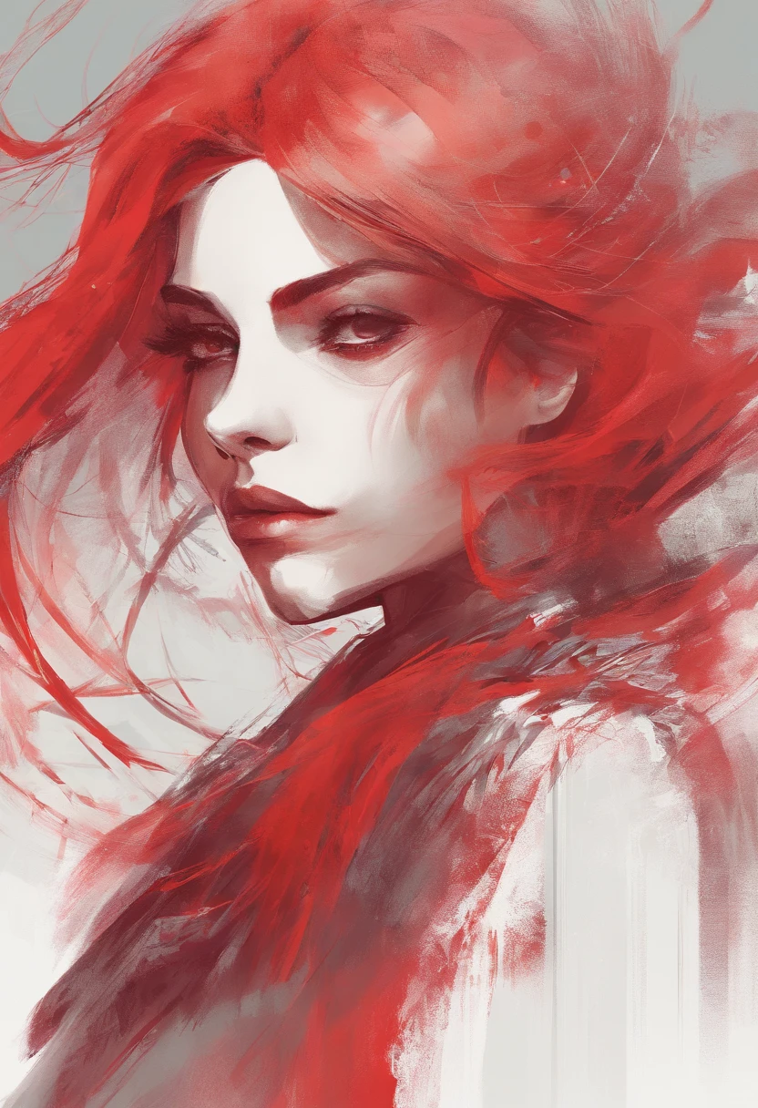 Mujer hermosa de pelo rojo, enojada en primer plano, desde cerca, mirando a un lado de perfil, colores primarios
