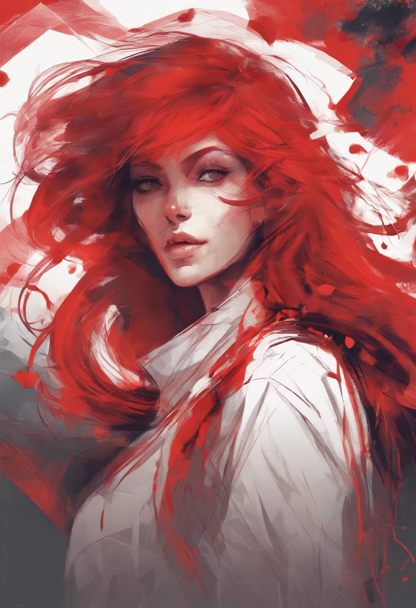 Mujer hermosa de pelo rojo, enojada en primer plano, desde cerca, mirando a un lado de perfil, colores primarios