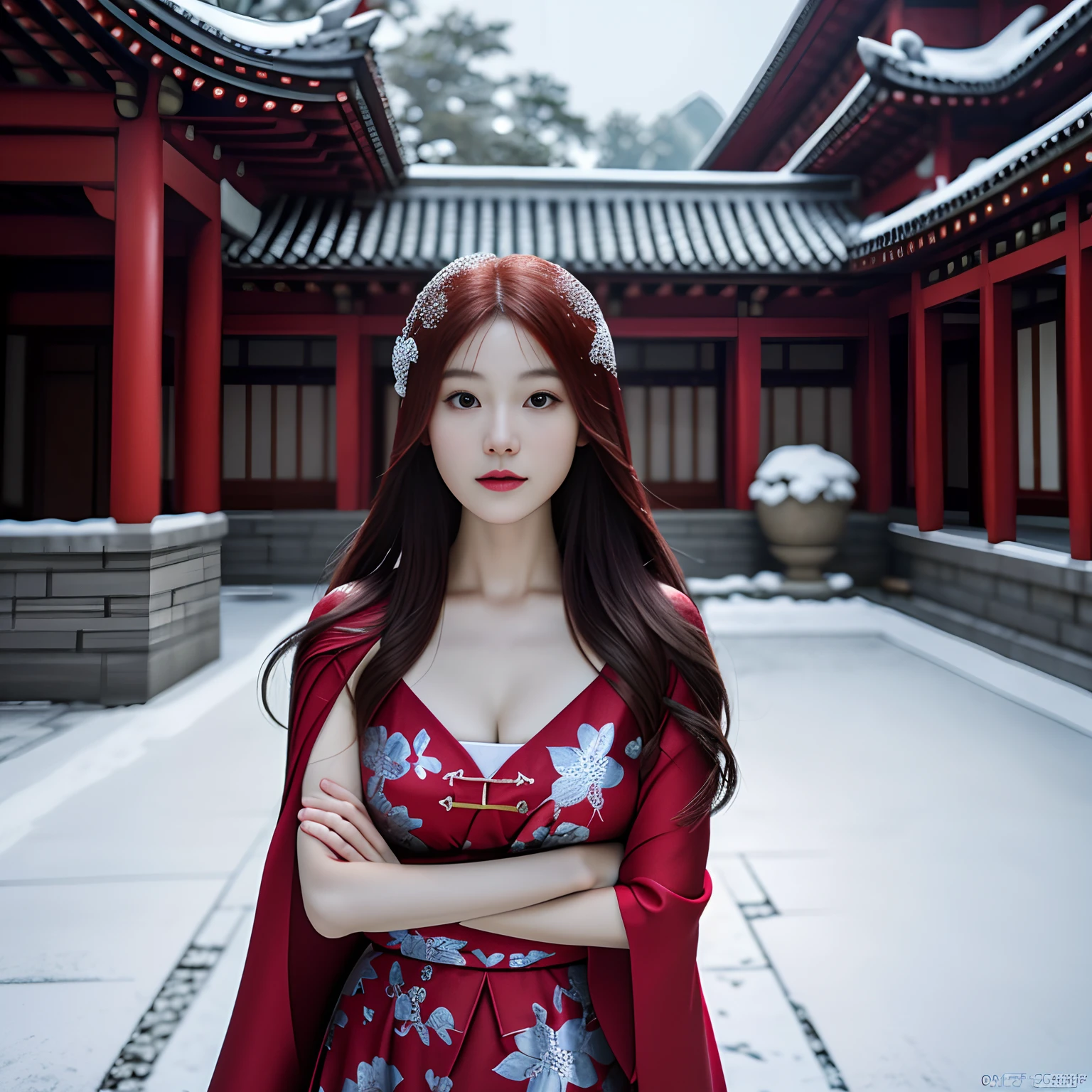 Classical Chinese courtyard with falling snowflakes,Best quality at best,tmasterpiece,1 Angry girl ,big breast,Snowflakes in the sky,Red cape,Coarse hair,Stereoscopic effect,超高分辨率,Very detailed official Unity 8K wallpaper,超高分辨率,Ultra high quality,Anatomically correct