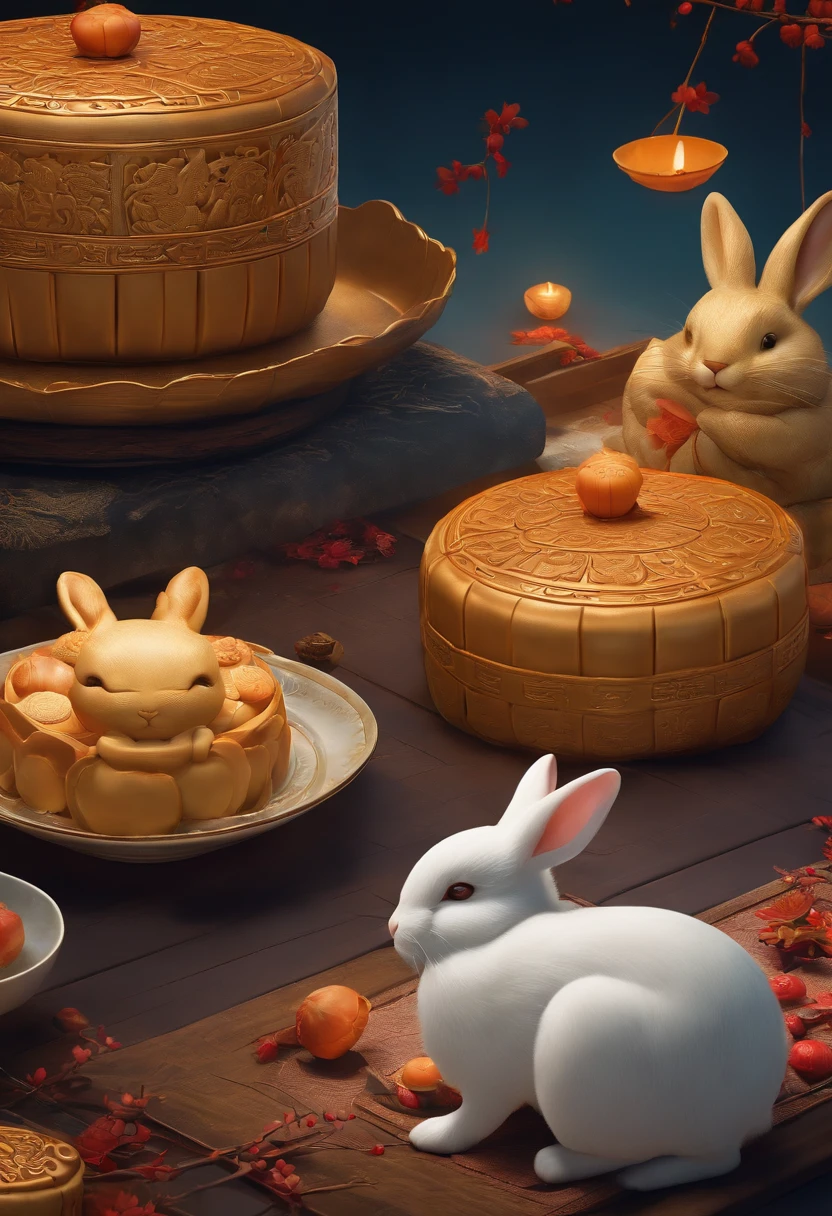 panorama, UHD, masterpiece, ccurate, super detail, high details, best quality, 4K,Mid-Autumn Festival scene,Moon,Moon cakes,rabbits,traditionaol,festivals,rich in details