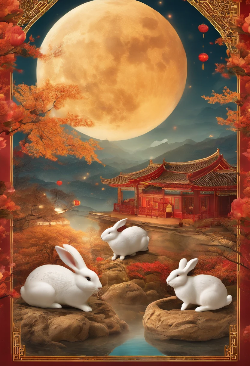 panorama, UHD, masterpiece, ccurate, super detail, high details, best quality, 4K,Mid-Autumn Festival scene,Moon,Moon cakes,rabbits,traditionaol,festivals,rich in details