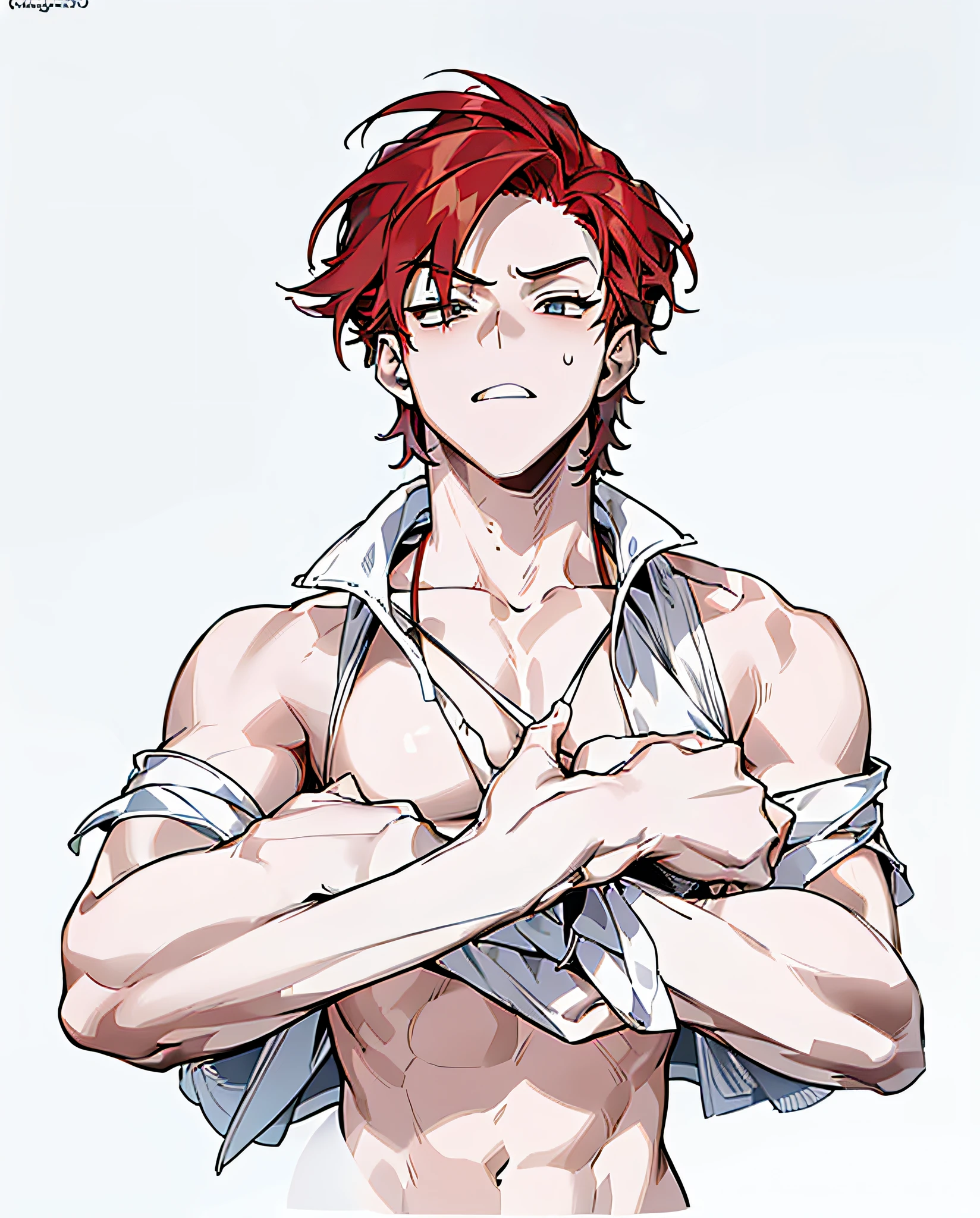 v-taper, inverted triangle body, plain background, plain white background, blank background, 1boy, solo, male_focus, (winged_eyeliner), bags_under_eyes, aegyeosal, (absurdres, highres, ultra detailed, HDR, A high resolution, Sharp focus, Pixiv masterpiece, masterpiece, best quality, highly detailed, Movie lighting), ((Complicated details)), front-facing, (((facing_viewer))), upper_body, {{extremely wide shoulders}}, {{extremely broad shoulders}}, (super broad shoulders), (extremely tall), {extremely large pectorals}, large_pectorals, muscular pectorals, well-built, 1 adult man, muscular upper body, looking_at_viewer, facing_viewer, red hair, nude, naked, topless, completely_nude, completely_naked, nudity, bare_arms, rinotuna, small waistline, arms down, standing, eyes_visible_through_hair, bara, large pectorals, unique_angles, unique_expressions, small head with big muscular body, madman, bare_shoulders, bare_pectorals, bare_arms, bare_torso, massive pectoral, slim waist, broad_shoulders, arm down, arms on side,