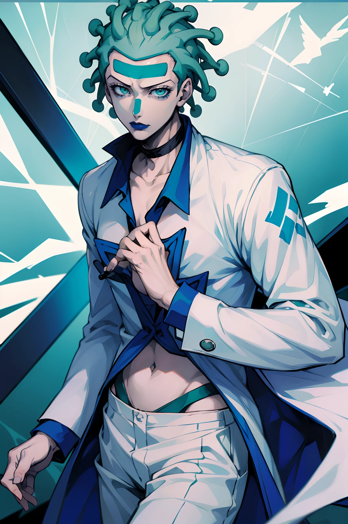 Cioccolata, doctor, white pants, white overcoat, blue shoes, blue lipstick, green eyes, (green face makeup), green hair, 1boy, solo, male focus, blue cross on shirt, blue arm cuffs, one strap thong, choker, cowboy shot