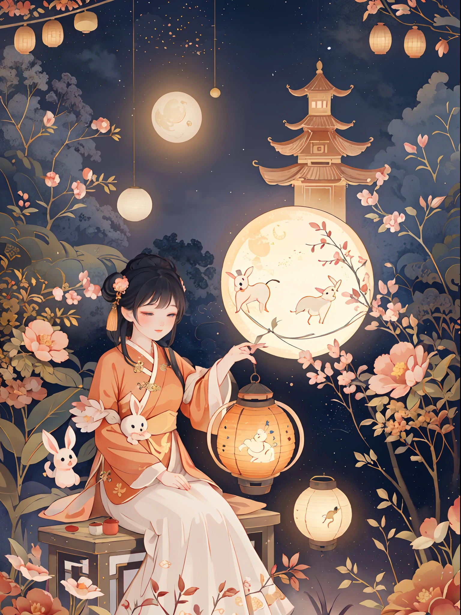 Mid-Autumn Festival,A lovely fairy,Wearing Chinese costumes,holding a lantern,Cute rabbit next to the girl,Lantern,Auspicious clouds,Behind the huge moon,a warm color palette,Abstract screen,ultra-realistic realism,pixar-style,3d effect,Disney style,clear contour light,rim-light,dream magical,spotlight lights,8k