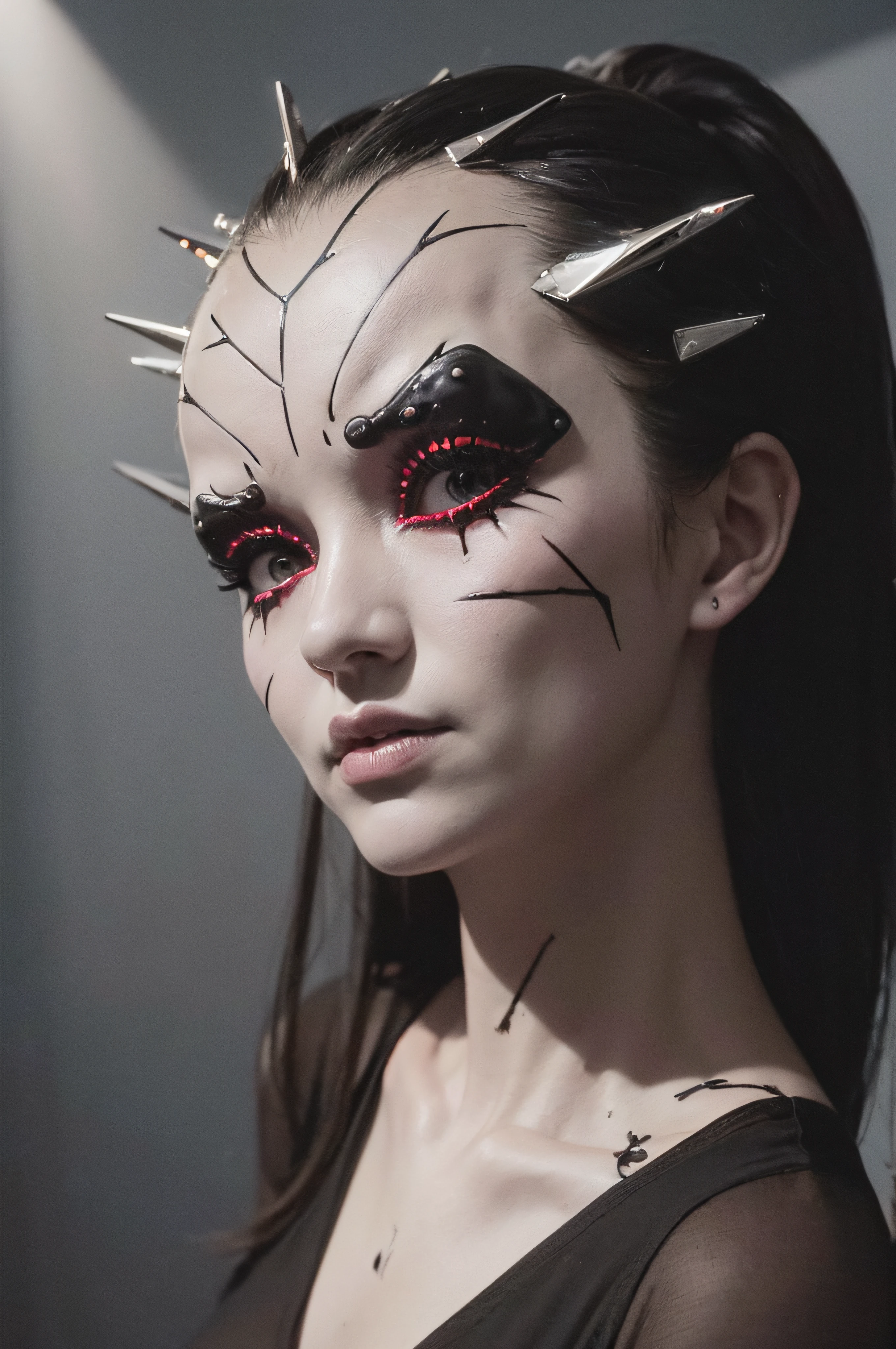 "(The best lighting, oscuro, dramatic),(Mujer alien, Hellraiser, triste, Cicatrices, , sexy, cerebro, sangre, una rata dentro de la cabeza, terror.),(ojos rojos, calaveras). morning light.