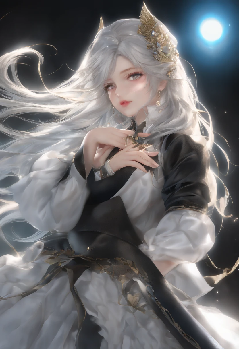 ((high detailing、Cinematic lighting))、messy white hair、(((((female pervert)))))、(((((girl with)))))、(((((Longhaire)))))、Girl with long hair、Feminization、(((((femele))))),Aquamarine eyes、White lashes、god rays、Ray tracing、drop shadow、optical illusion、The upper part of the body、Looking at the camera、masutepiece、((Super Detail、Best Quality、8K))、Jujutsu Kaisen、Gojo Gojo、Black attire、Surgical unfolding、Perfect jet black background、serene expressions、powerful being、mystic atmosphere、(Strange moonlight、ominous shadows、 Intense blue aura、 Intense red aura、Symbol of the power that surrounds him、Radiating magical energy、Mystical artifacts、Ether particles、dynamicposes、Epic soundtrack、(((Detailed hand)))、Lunette de soleil
