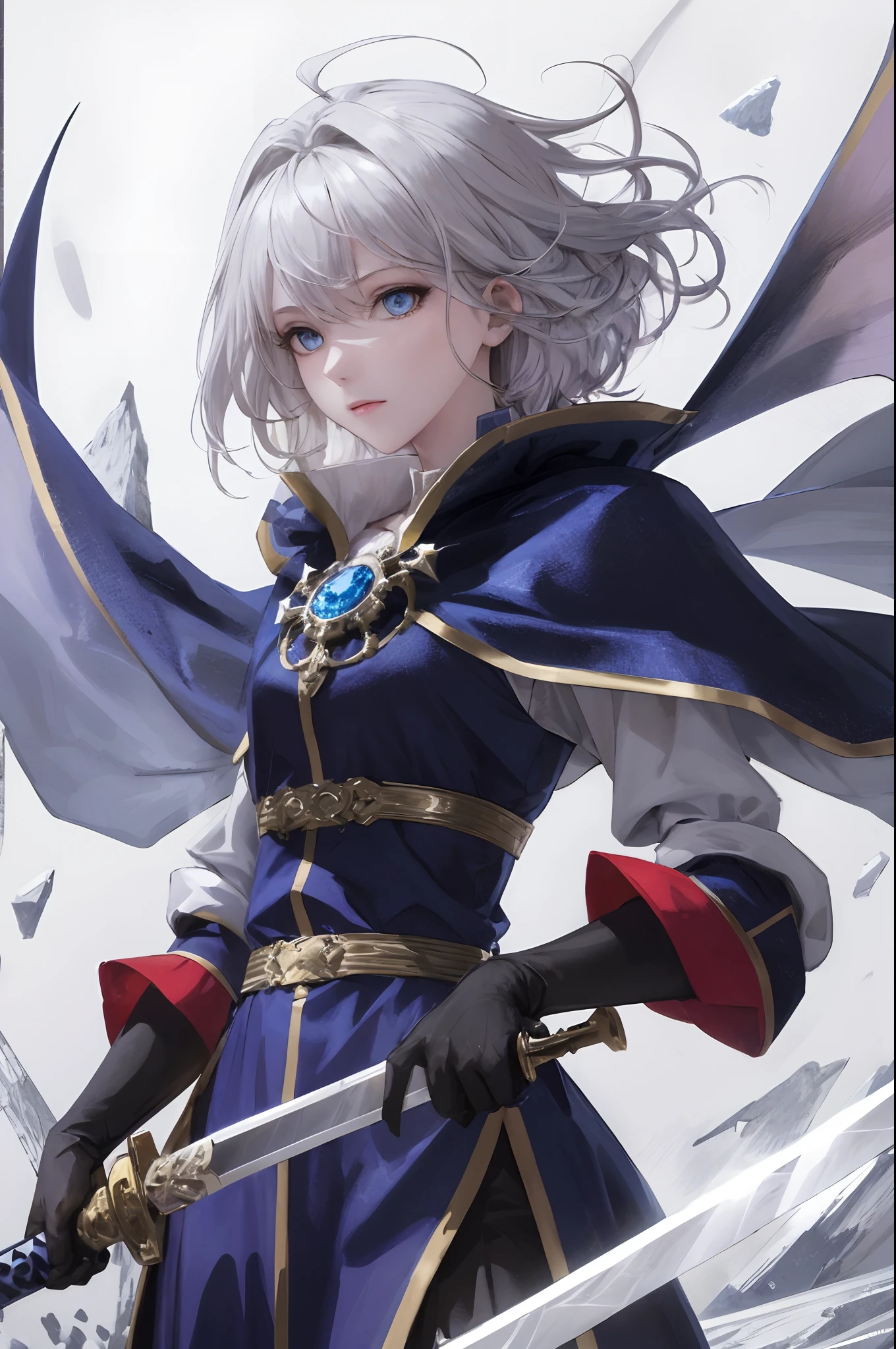 4k HD wallpaper, phantom magic swordwoman, anime girl, platinum hair, right hand holding an medieval ice sword, calm and persistent, maximum detailed, wearing a thin dark cloak, odd-eyed blue red eyes, best quality, masterpiece
