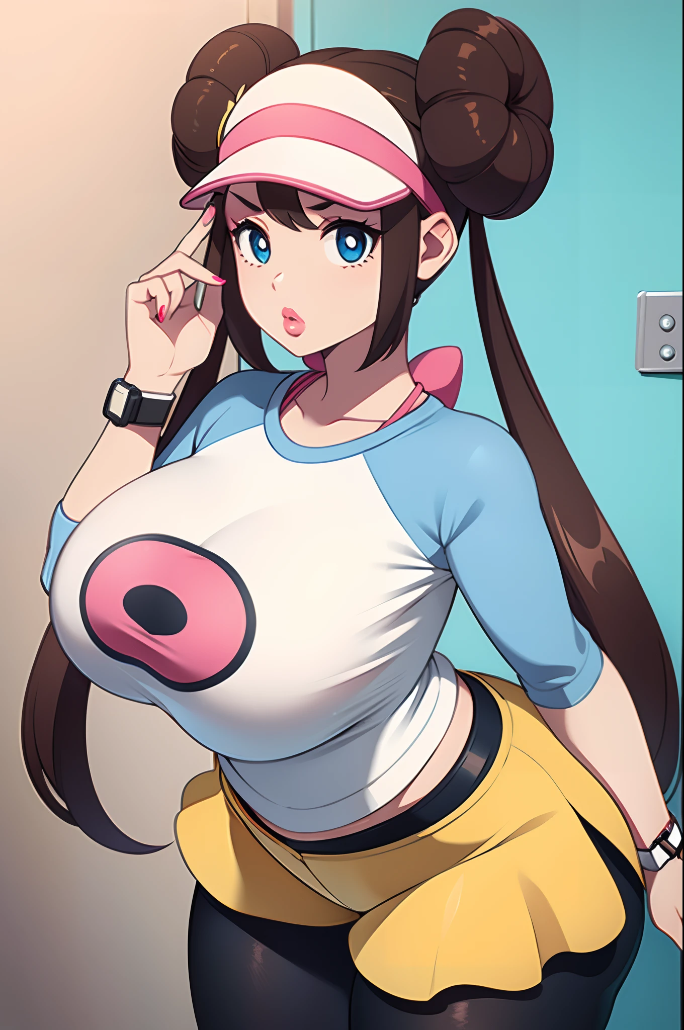 1girl in, (((Bimbo))), Puffy lips, Painted lips, thick lips. ,NSFW、ro1, hair bun, blue eyes, twintails, visor cap, pantyhose, raglan sleeves, yellow shorts, shirt, pink bow, wristwatch