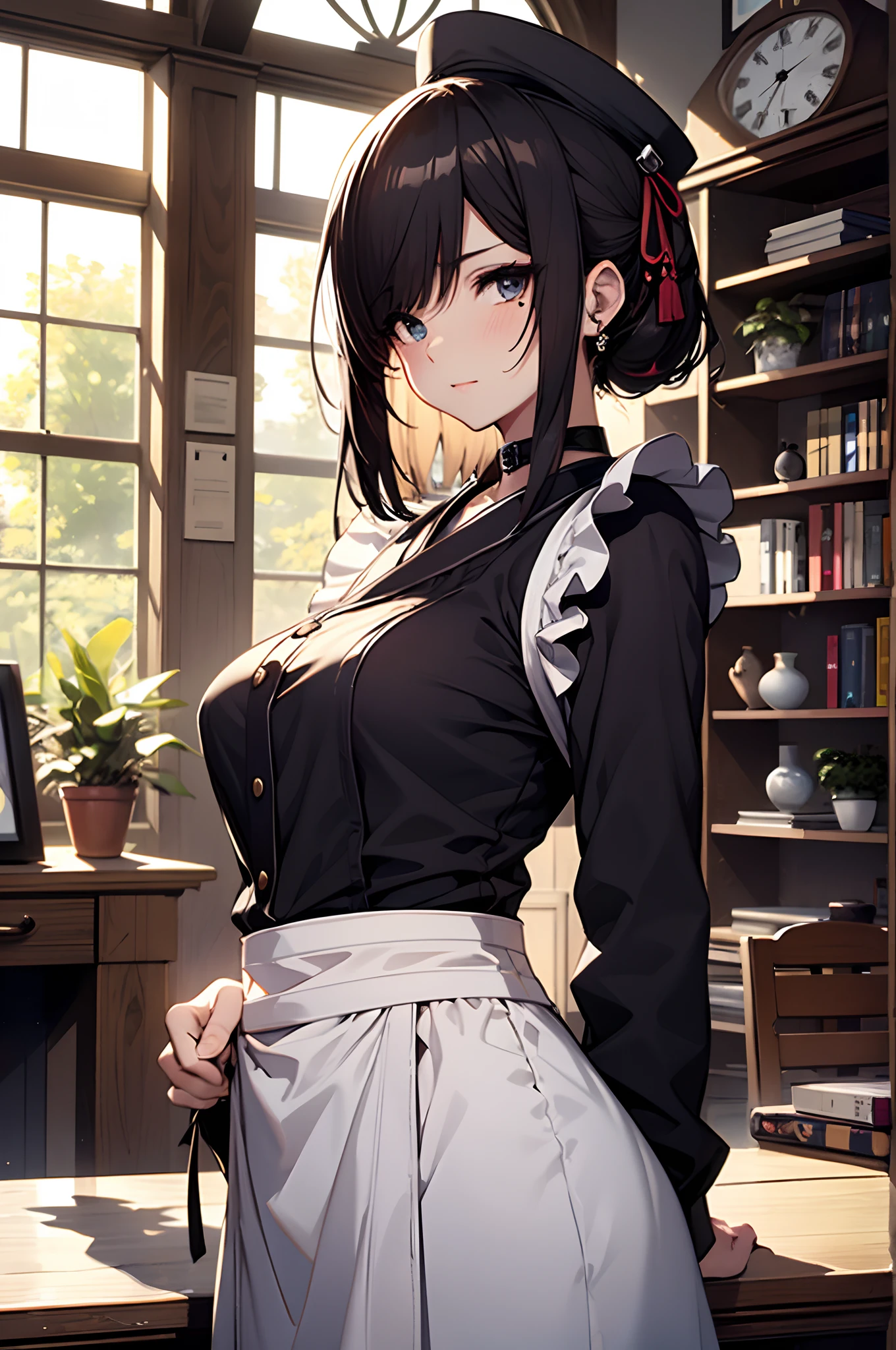 Background with:A room in a large Western mansion（Wall-to-wall bookshelves、Large desk lined with historical Western antiques、Big old clock、Large houseplants）。Curvaceous but slender、2 hair colors、Ash color、ornament detached、Maid Sailor、Separate Wear、apron、frilld、a sailor suit、maid clothes、Niso、accessorized、shairband、Muchimuchi Body、well-muscled、mole、hair adornments、shairband、Hats、Distinctive charm points、Eyebrows、Sareme、poneyTail、Muscular nose、red blush、offensive、one eye covered、sadist、Weapon keeping（katanas、Japanese Katana Sword、shotgun）、plump lips、Engaging pose、Physical beauty、Black Choker、disheveled hair、Unique fashion、Depiction in motion、Healing space、soft sunlight、Combining Light and Shadow、(top-quality、hight resolution、8k、​masterpiece:1.2)。complex details beautiful and delicate eyes, Smooth Anime CG Art, Detailed Digital Anime Art, official artwork, pixiv style, Detailed anime artwork, artbook artwork, Seductive Anime Girl。