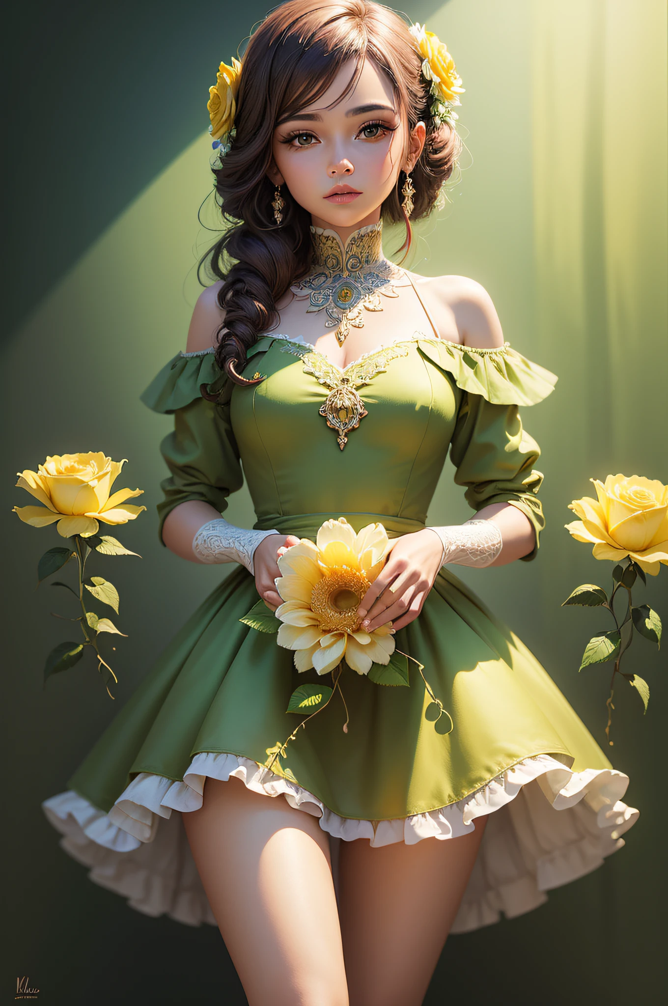 There is a green flower with a yellow center on a stem, flor delicada brilhante, flores luminosas, translucent roses ornate, pintura digital elegante, soft light melanchônica pink, Arte bonita UHD 4K, flores brilhantes, bela arte digital, pintura digital bonita, bela arte digital, pintura digital brilhante, pintura digital suave, magic flowers, flor bonita, arte digital muito bonita